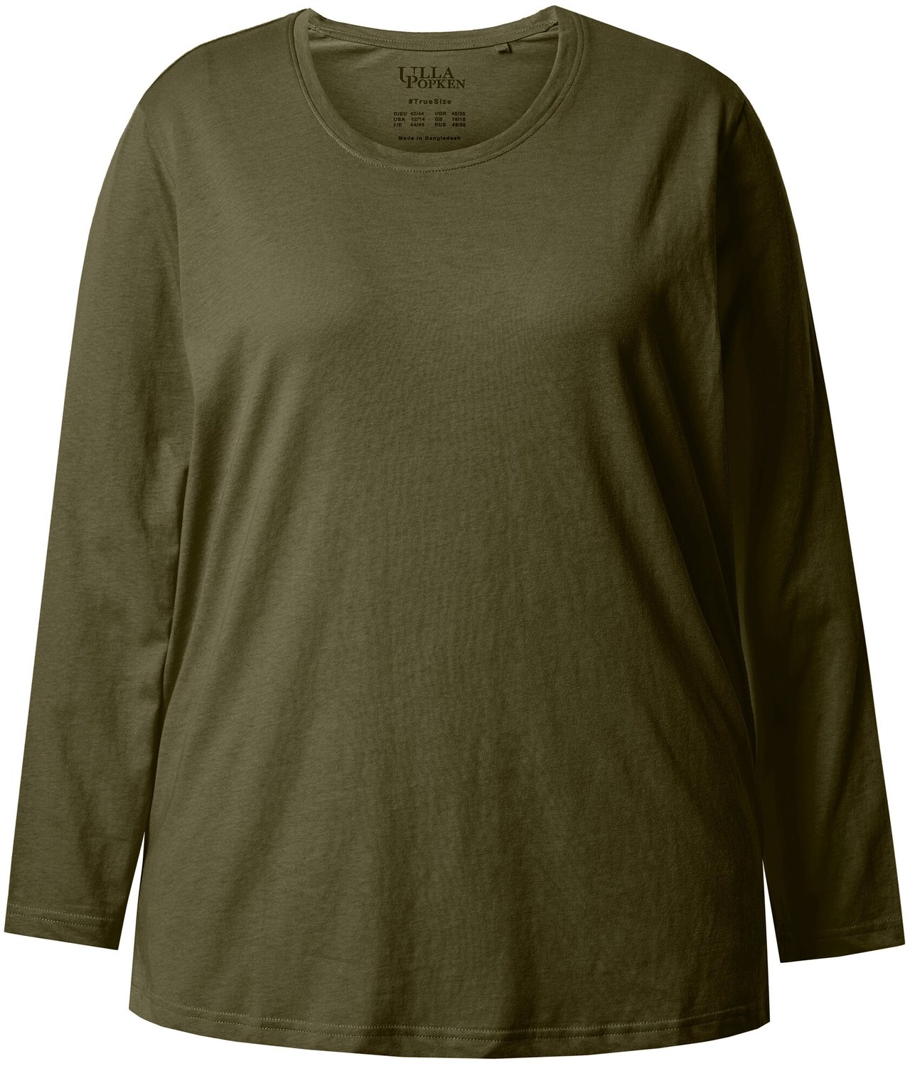 Ulla Popken - Dames - Shirt relaxed ronde hals lange mouwen - Donkerkaki - Maat 62+