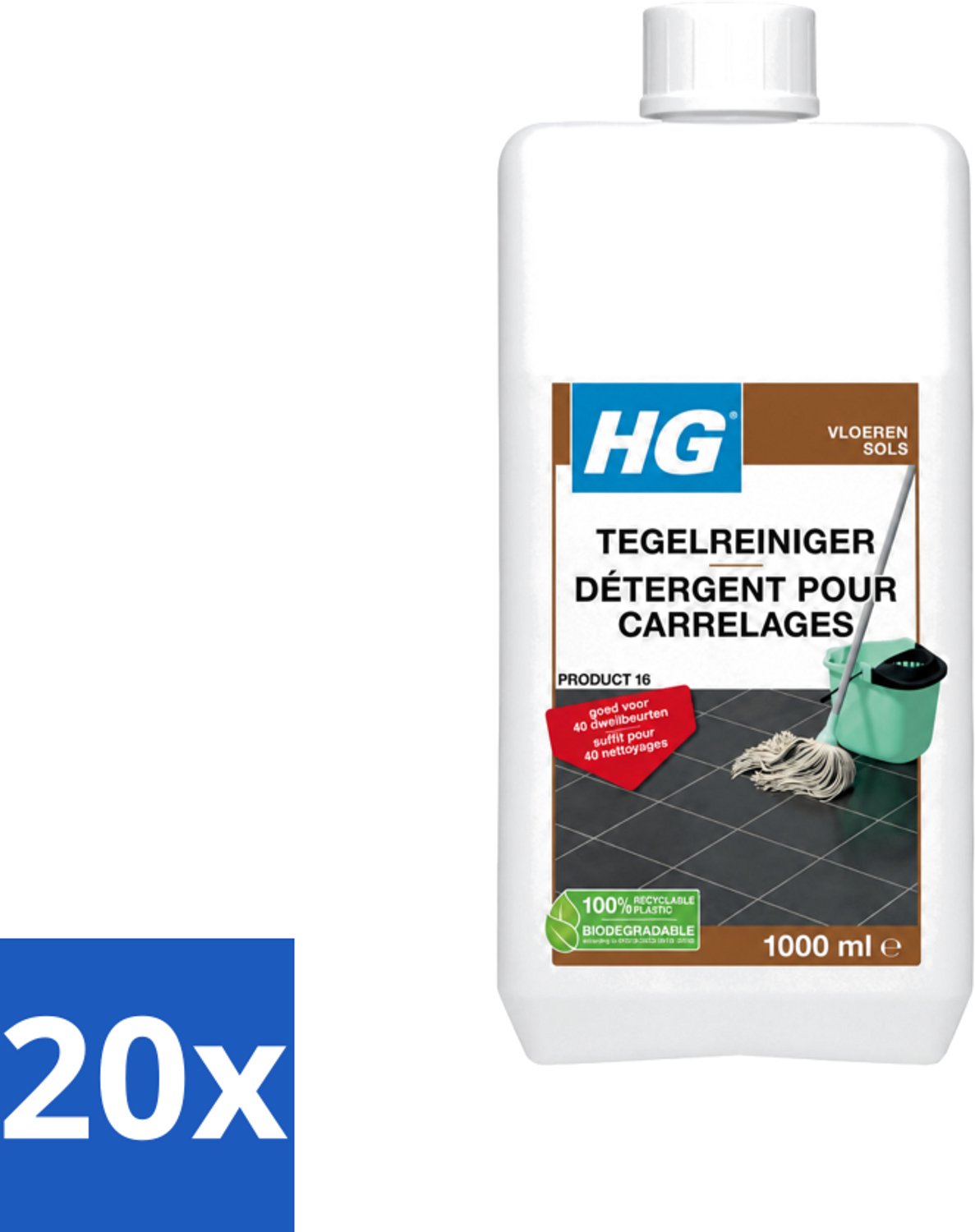 20 x HG - Vloeren - Tegelreiniger - 40 Dweilbeurten - 1L - Voordeelverpakking - 20 stuks