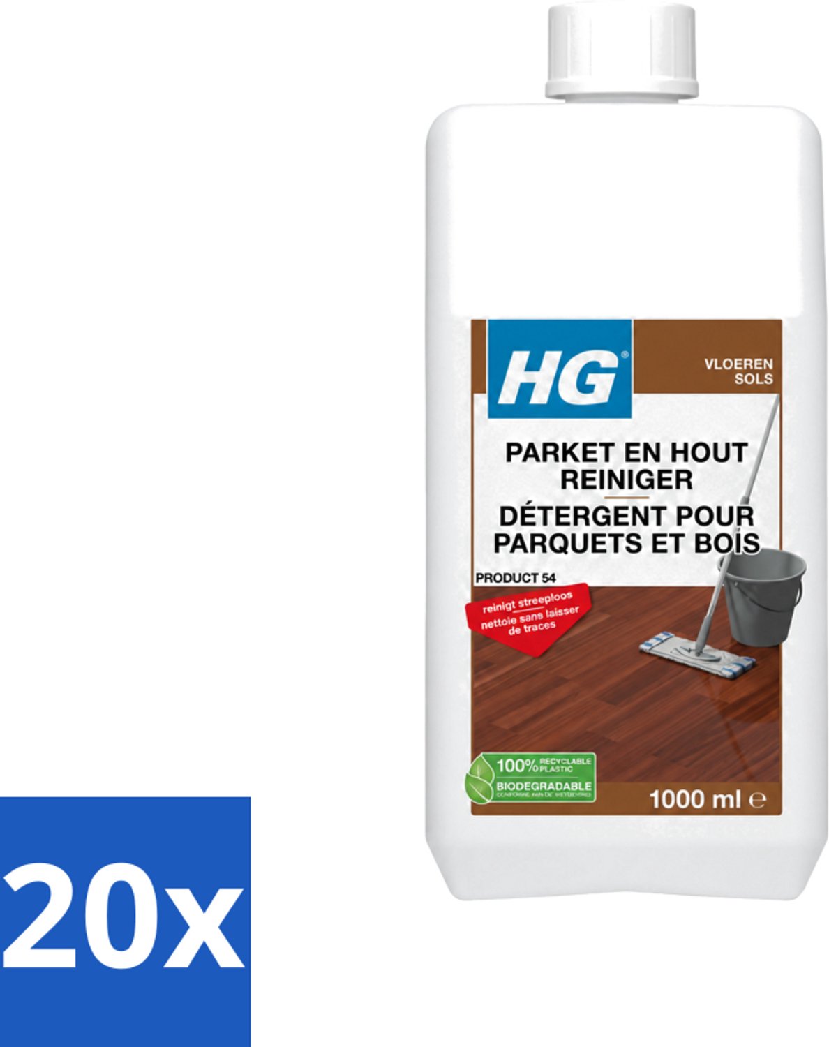 20 x HG - Parket- & Houtreiniger - Frisse Geur - Reinigt Streeploos - 1L - Voordeelverpakking - 20 stuks