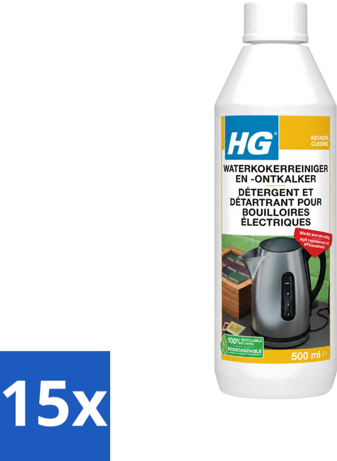 15 x HG - Waterkokerreiniger & Ontkalker - Snel & Veilig Resultaat - 500 ml - Voordeelverpakking - 15 stuks