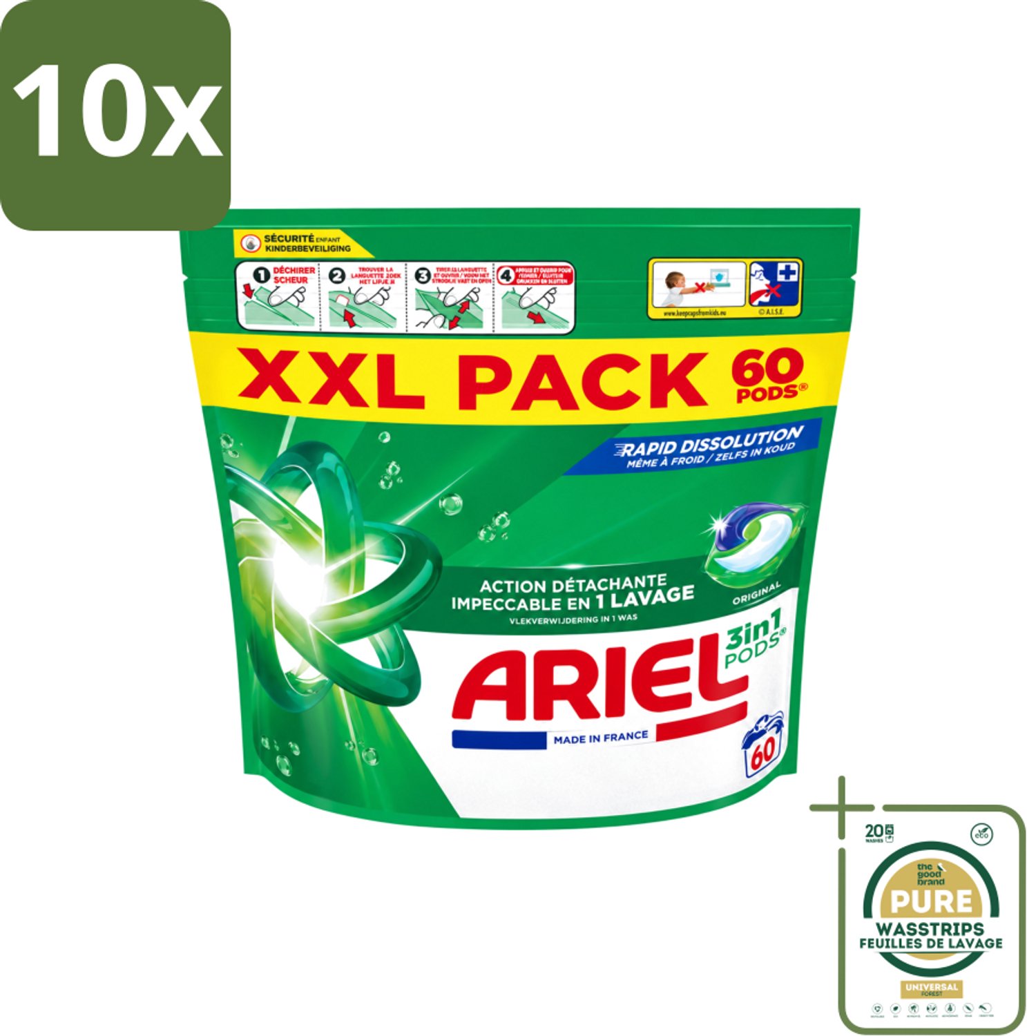 10 x Ariel – Pods 3in1 – Original – 60 wasbeurten - Wasstrips - Ariel 3in1 Pods - Wasmiddel Capsules - Krachtige Vlekverwijdering - Koud Wassen - Wasmiddel Voor Kleding