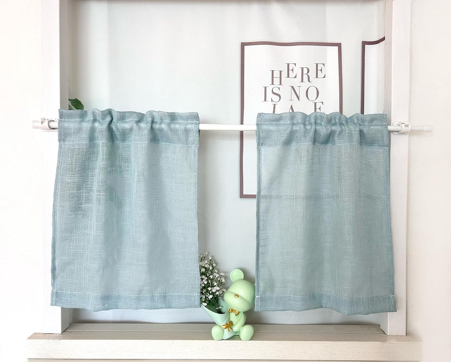 Linnenlook, kort, keukengordijnen, modern, set van 2 kleine raamgordijnen, bistrogordijn, halftransparant, h x b 78 x 63,5 cm, turquoise, 2 stuks