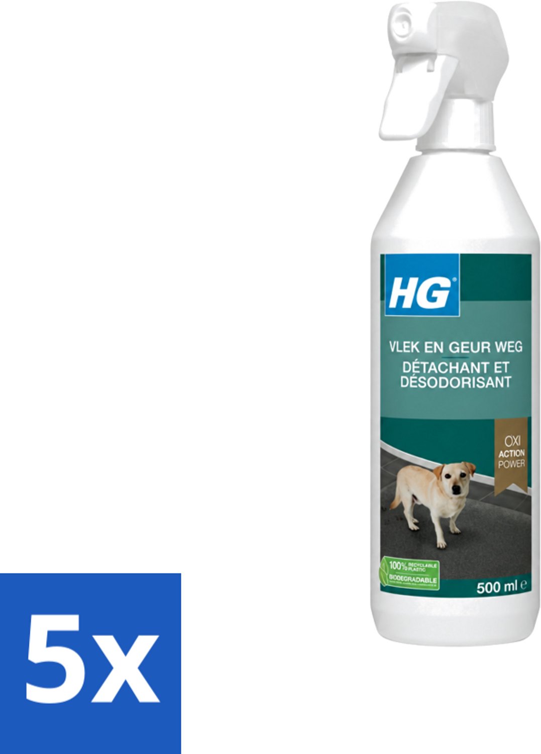 5 x HG - Vlek & Geur Weg Spray - Hond - Oxi Action Power - Hardnekkige Werking - 500 ml - Voordeelverpakking - 5 stuks