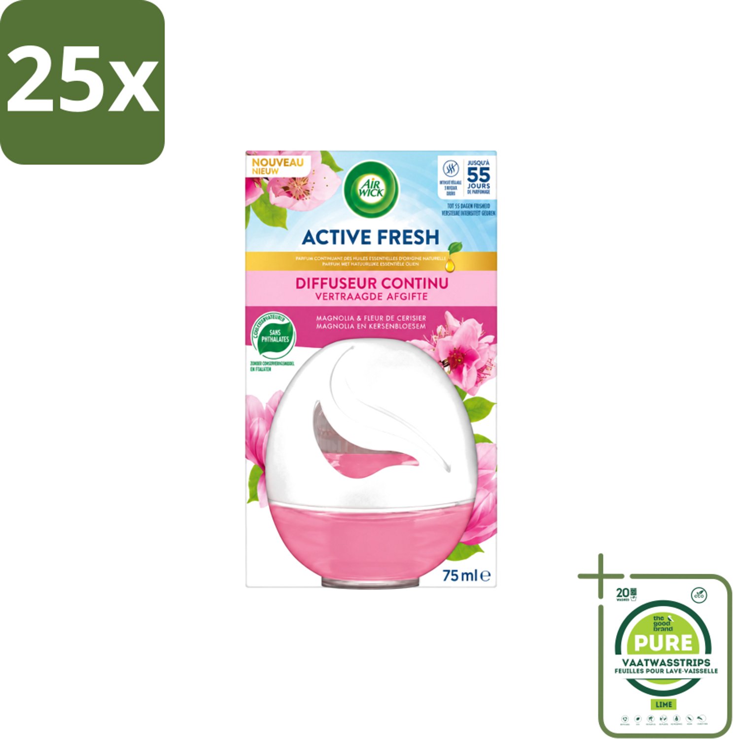25 x Air Wick – Luchtverfrisser – Deco Sphere Magnolia & Kersenbloesem – 75 ml - Grootverpakking - Vaatwasstrips - Luchtverfrisser - Geur - Bloemige Geur - Magnolia - Kersenbloesem