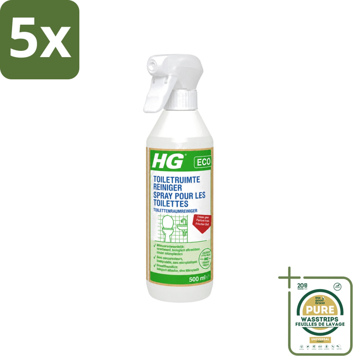5 x HG ECO - Toiletruimte Reiniger - Frisse Geur - Ecologisch Verantwoord - 500 ml - Wasstrips - Toiletruimtereiniger - Hygiëne - Reinigen - Toilet - Schone Ruimte