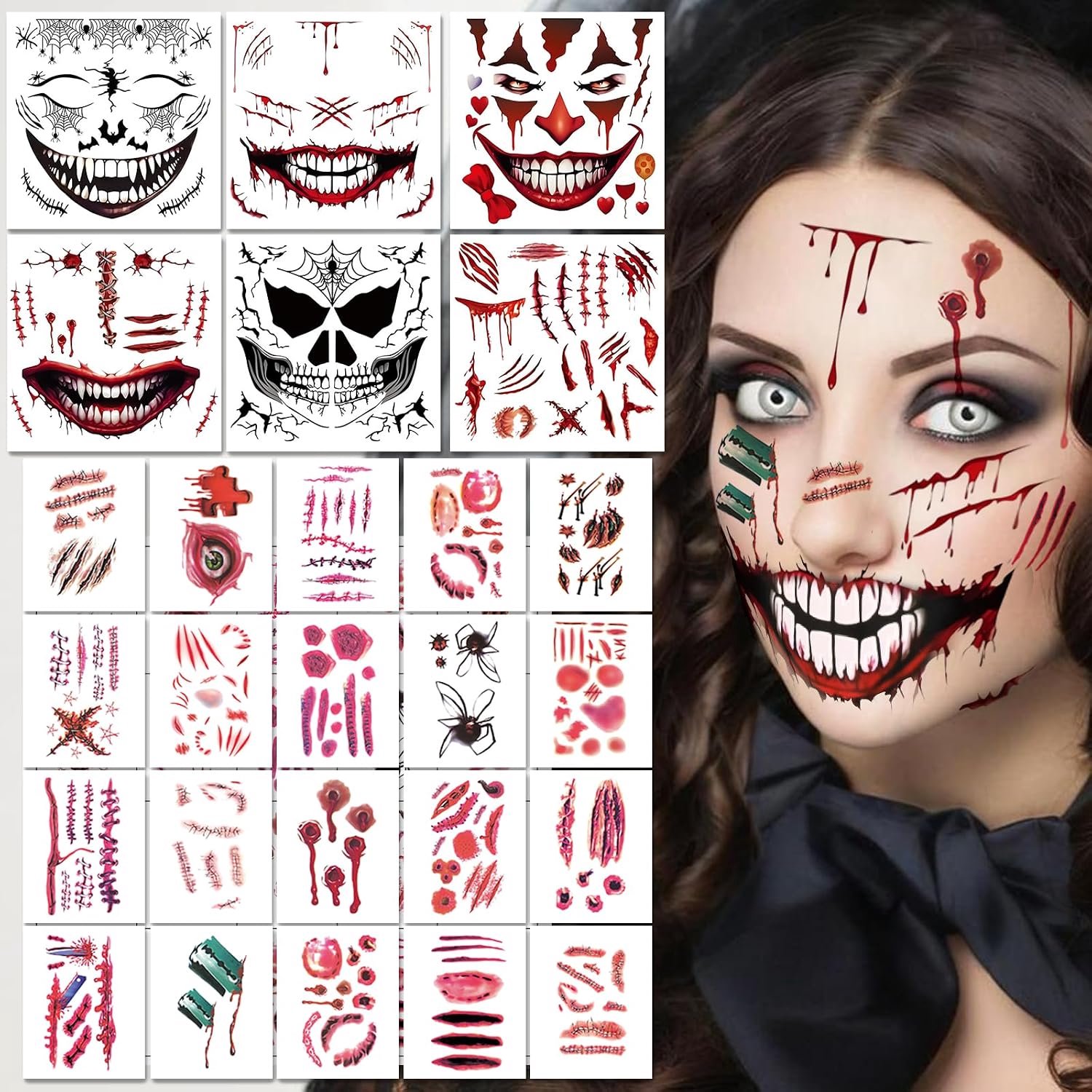 6 vellen Halloween-tatoeages voor het gezicht + 20 vellen littekentatoeages Halloween