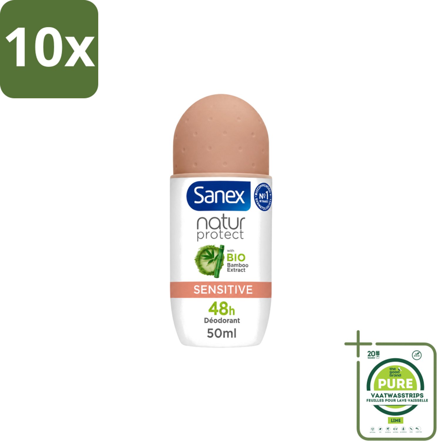 10 x Sanex – Deodorant Roll-On – Natur Protect Sensitive – 50 ml - Grootverpakking - Vaatwasstrips - Gevoelige Huid - Deodorant Roll-on - Natuurlijke Bescherming - Milde Deodorant - Frisheid