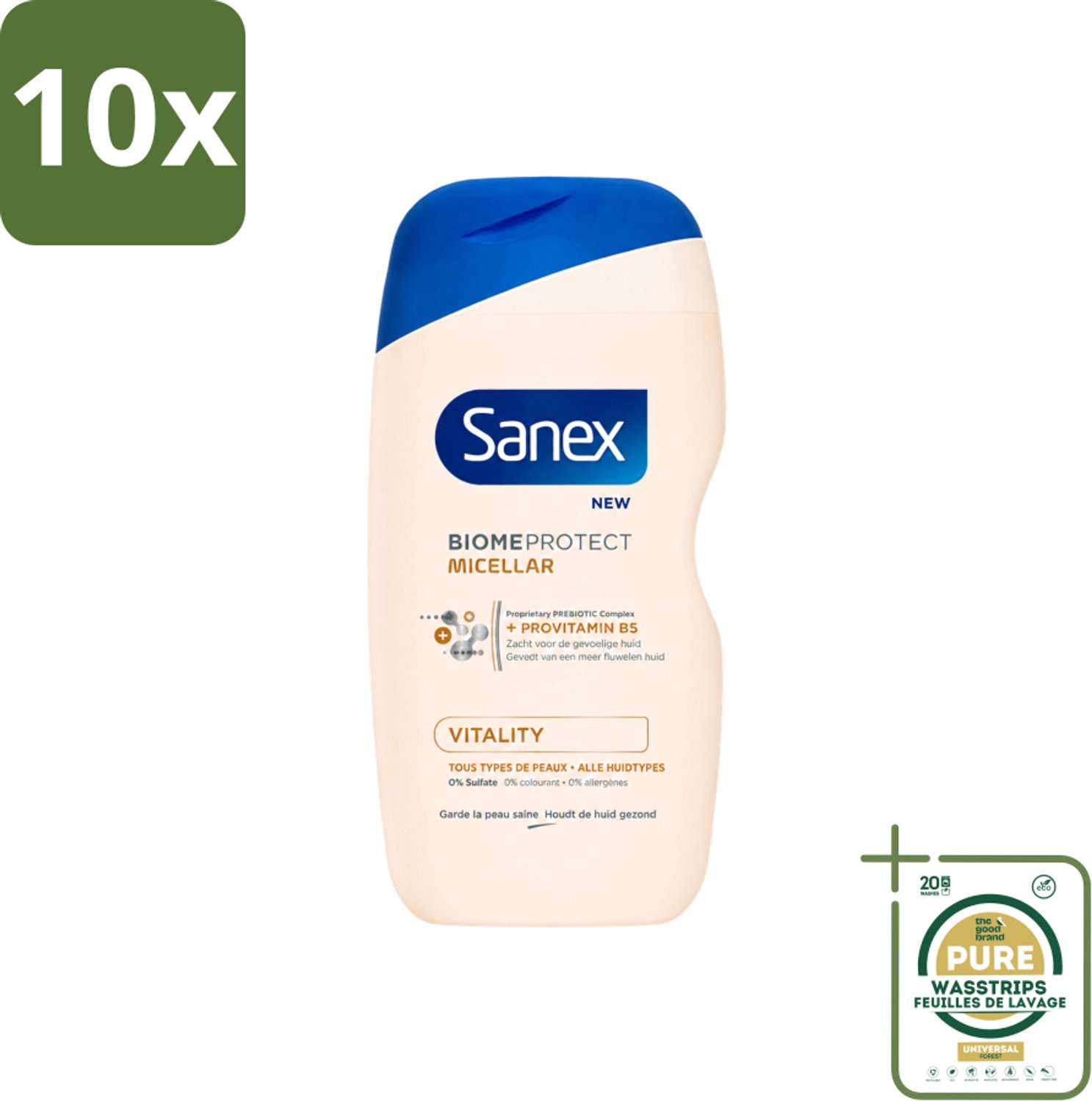 10 x Sanex - BiomeProtect Micellair - Douchegel - Vitaliteit - 0% Sulfaat - Alle Huidtypes - 400 ml - Wasstrips - Huid Reinigen - Micellaire Douchegel - 0% Sulfaten - Huidbarrière - Huid Vitaliteit