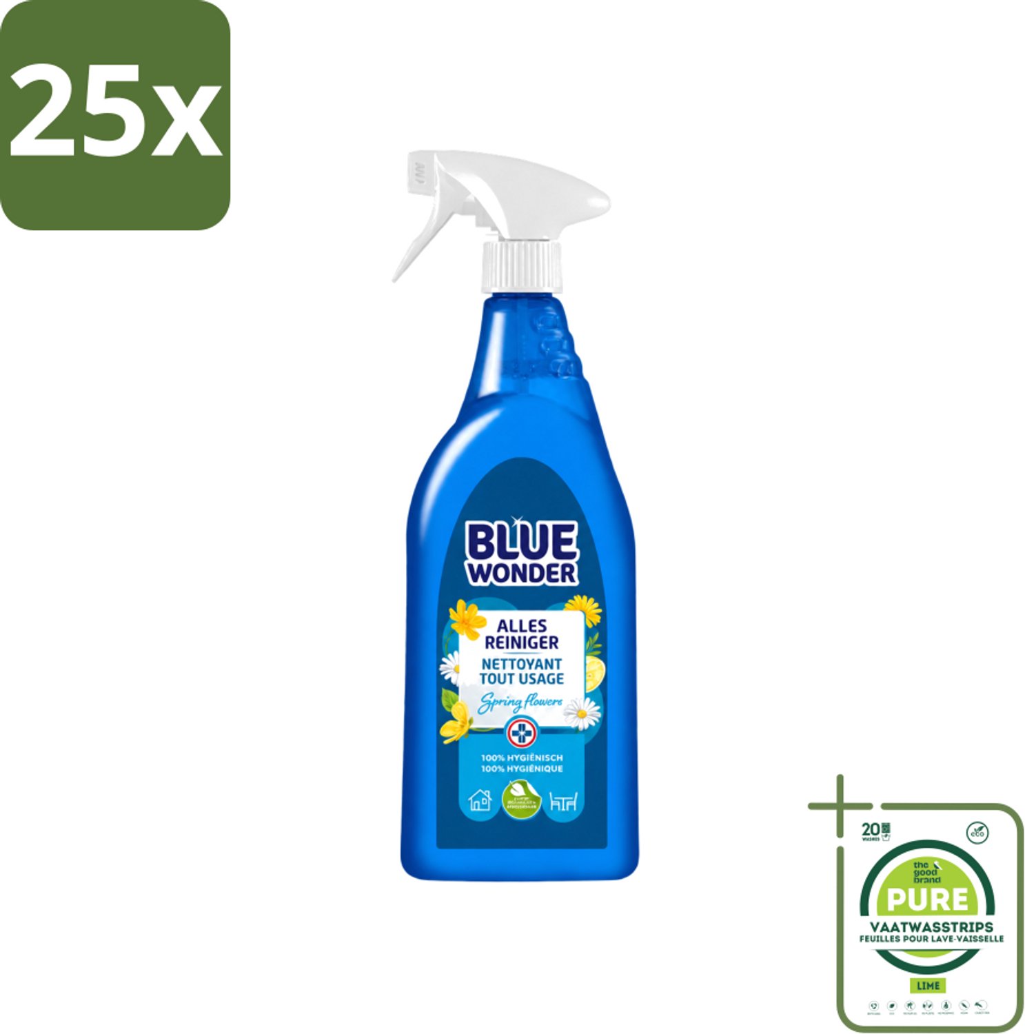 25 x Blue Wonder - Allesreiniger - Lente Bloemen - Hygiënisch - Biologisch Afbreekbaar - 750 ml - Grootverpakking - Vaatwasstrips - Allesreiniger - Reinigings Spray - Lentegeur - Natuurlijke Reiniger - Biologisch Afbreekbaar