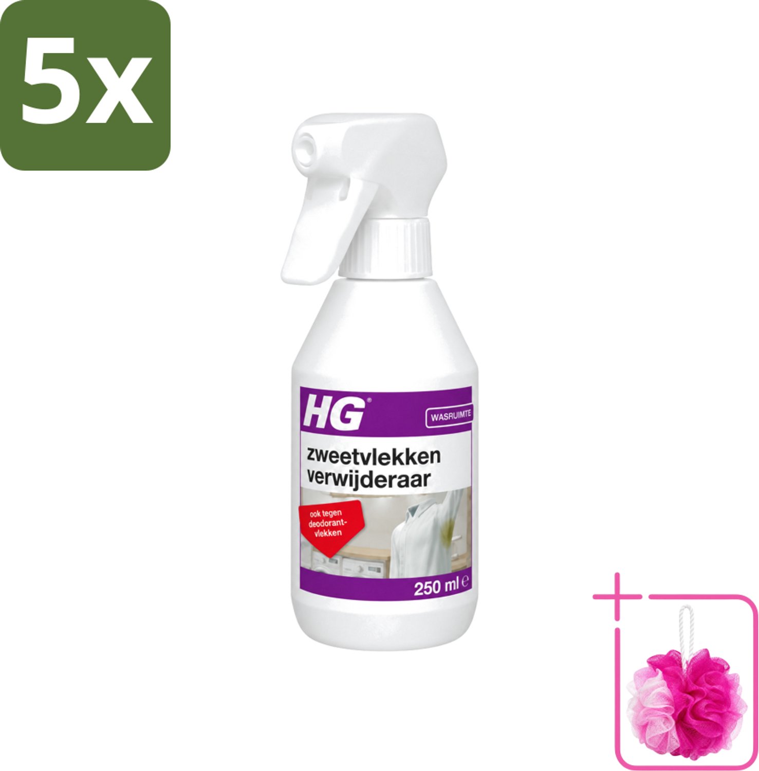 5 x HG - Wasruimte - Zweetvlekkenverwijderaar - Tegen Deodorantvlekken - 250 ml - Bulkverpakking - Zweetvlekken verwijderen - Douchemop - Gele vlekken verwijderen