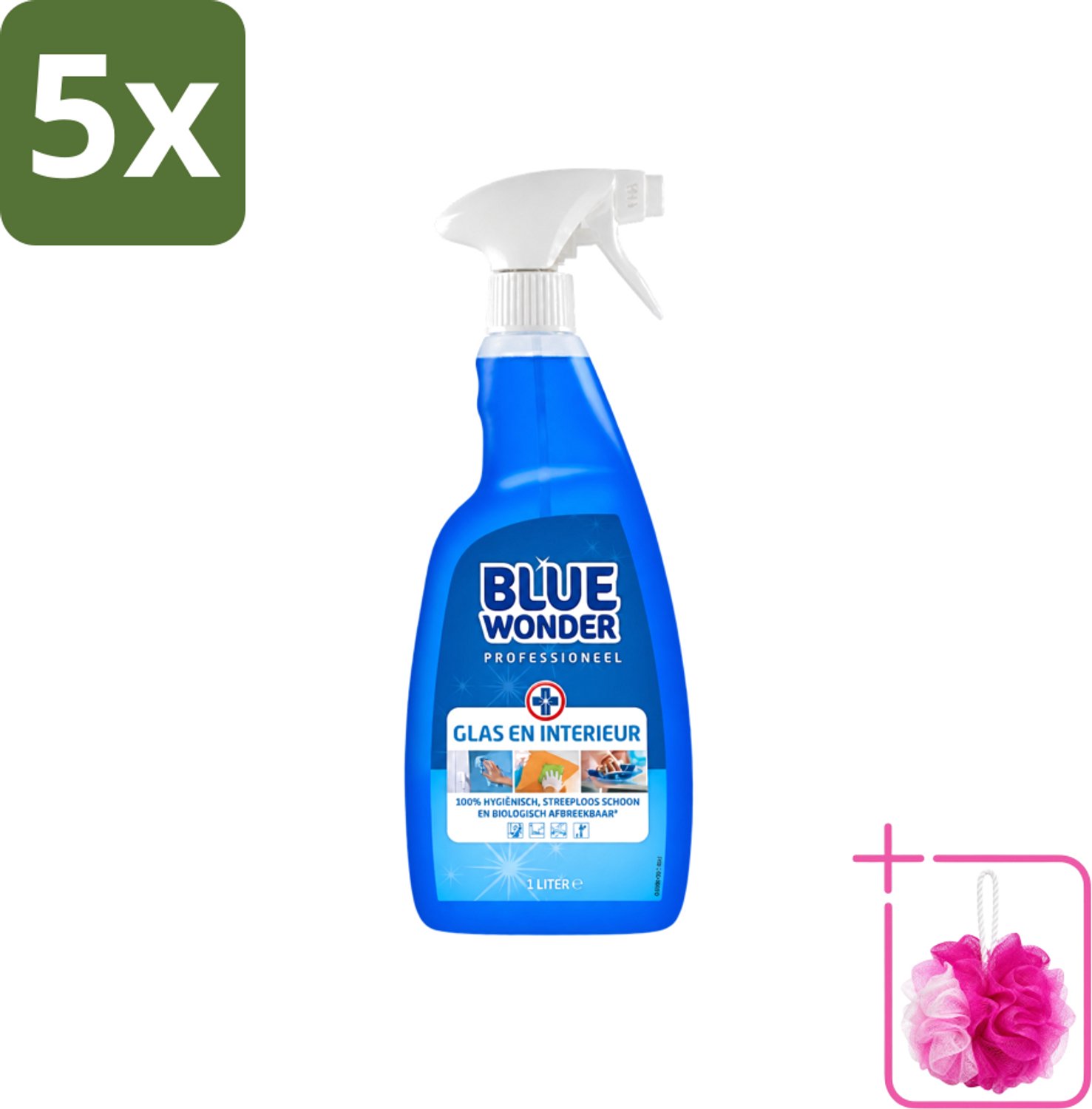 5 x Blue Wonder - Professionele Glas & Interieur Spray - Streeploos Schoon - 1 Liter - Bulkverpakking - Glas reinigen - Douchemop - Interieur reinigen