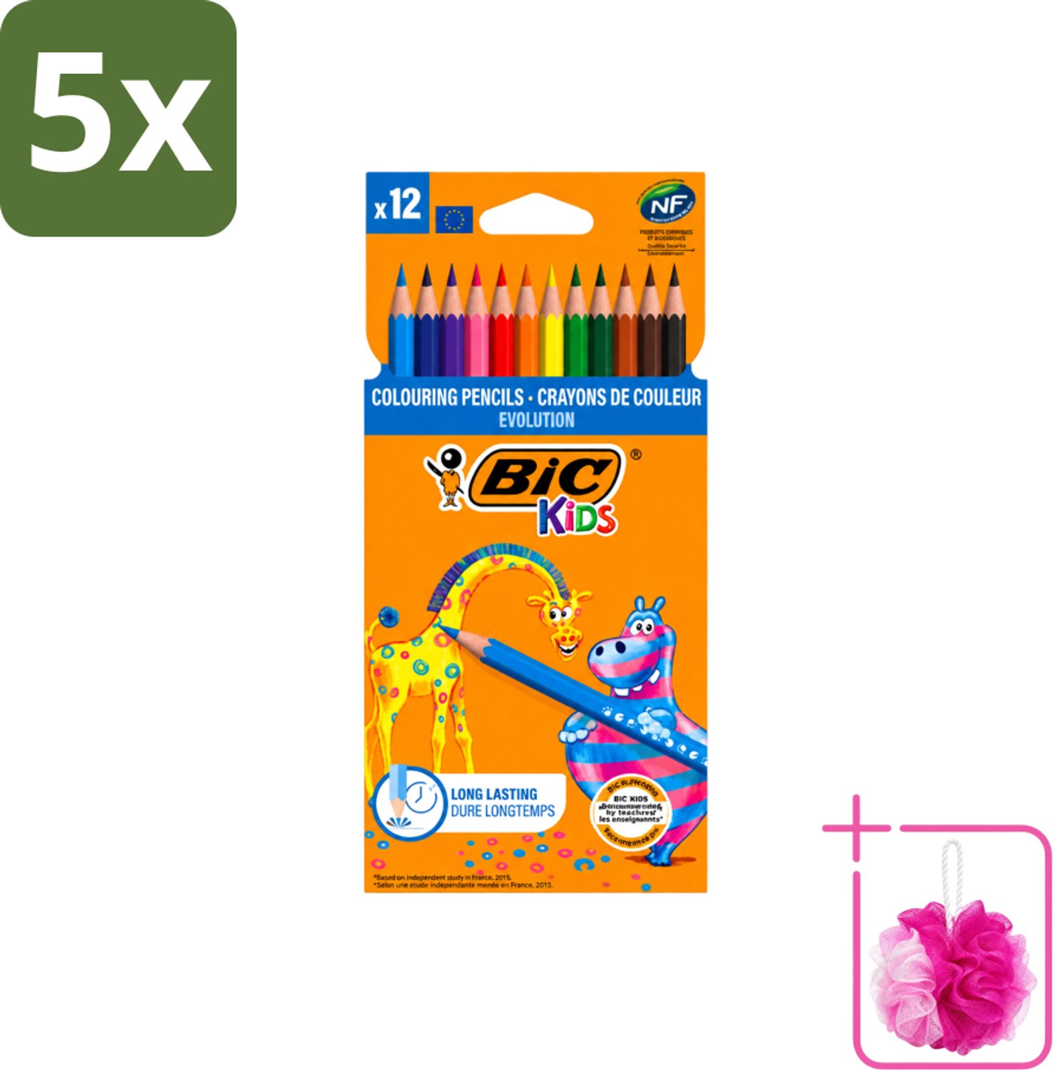 5 x Bic Kids - Kleurpotloden - Diverse Kleuren - Evolution - 12 Potloden - Bulkverpakking - Kleurpotloden voor kinderen - Douchemop - Kleurpotloden evolution