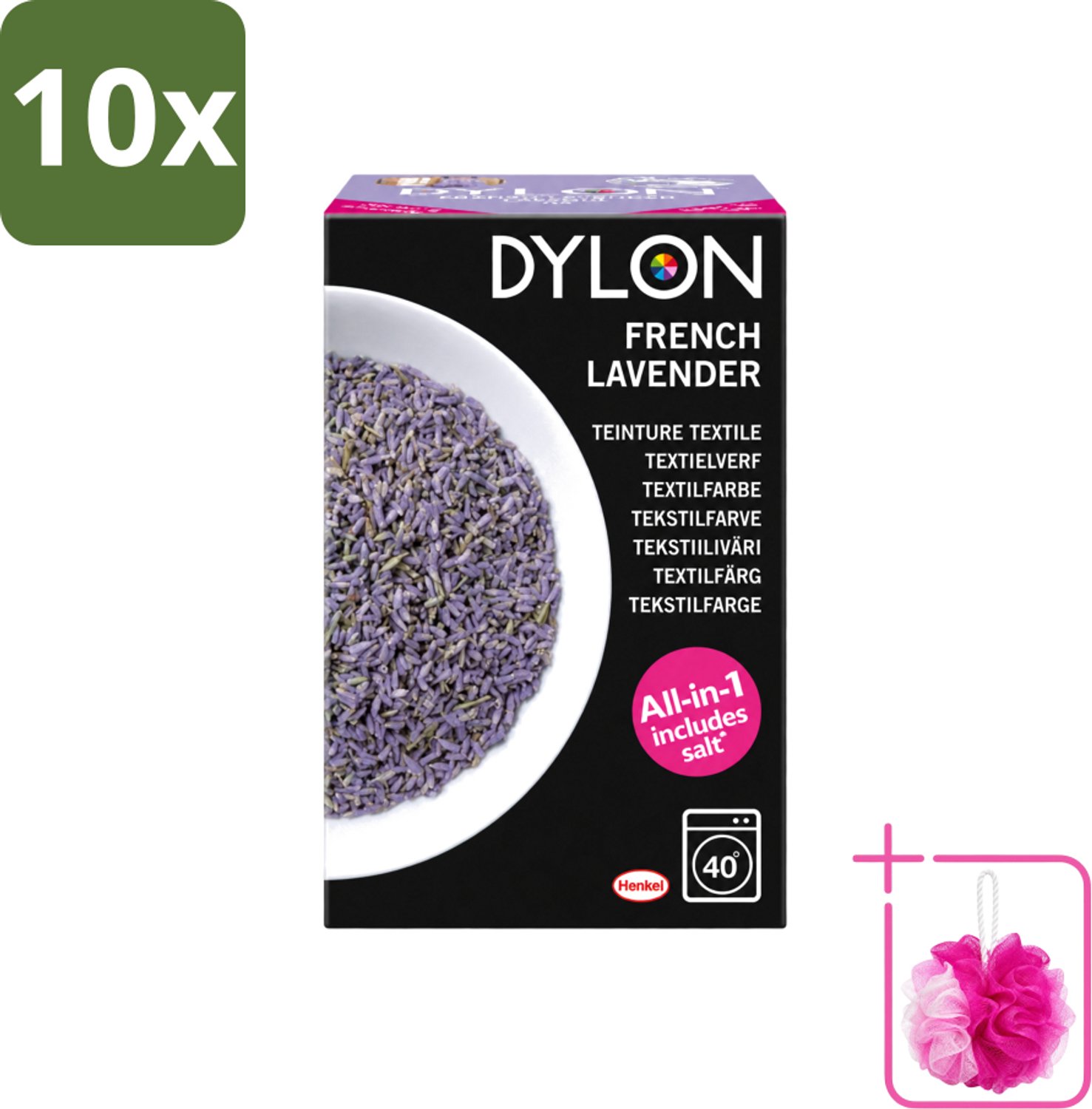 10 x Dylon - Textielverf - French Lavender - All-in-One - Inclusief Zout - 350g - Bulkverpakking - Textielverf - Douchemop - Lavendelkleur
