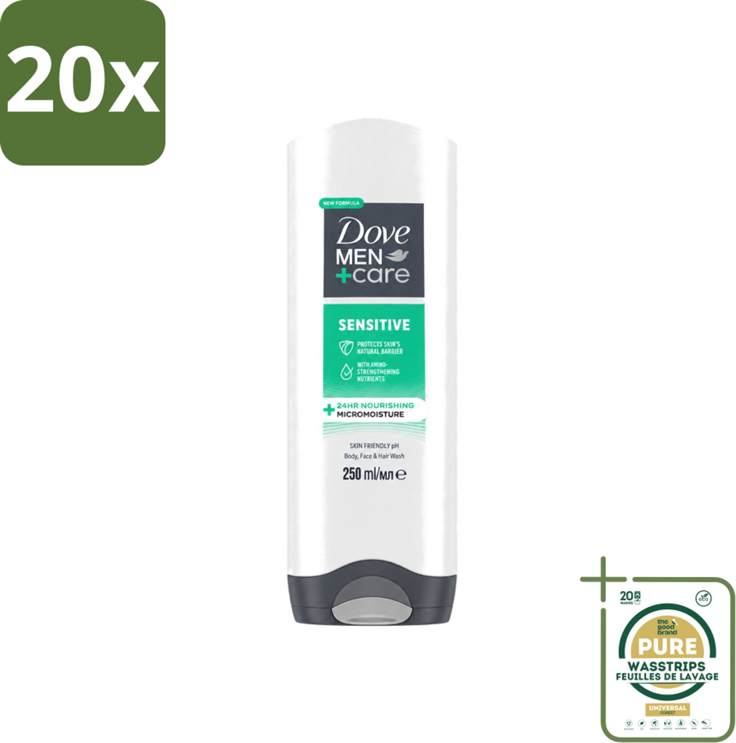 20 x Dove Men+Care - Sensitive - Douchegel 3-in-1 - Verzorgend - 250 ml - Wasstrips - Gevoelige Huid - Lichaamsgel - Gezichtsgel - Haarverzorging - Milde Reiniging