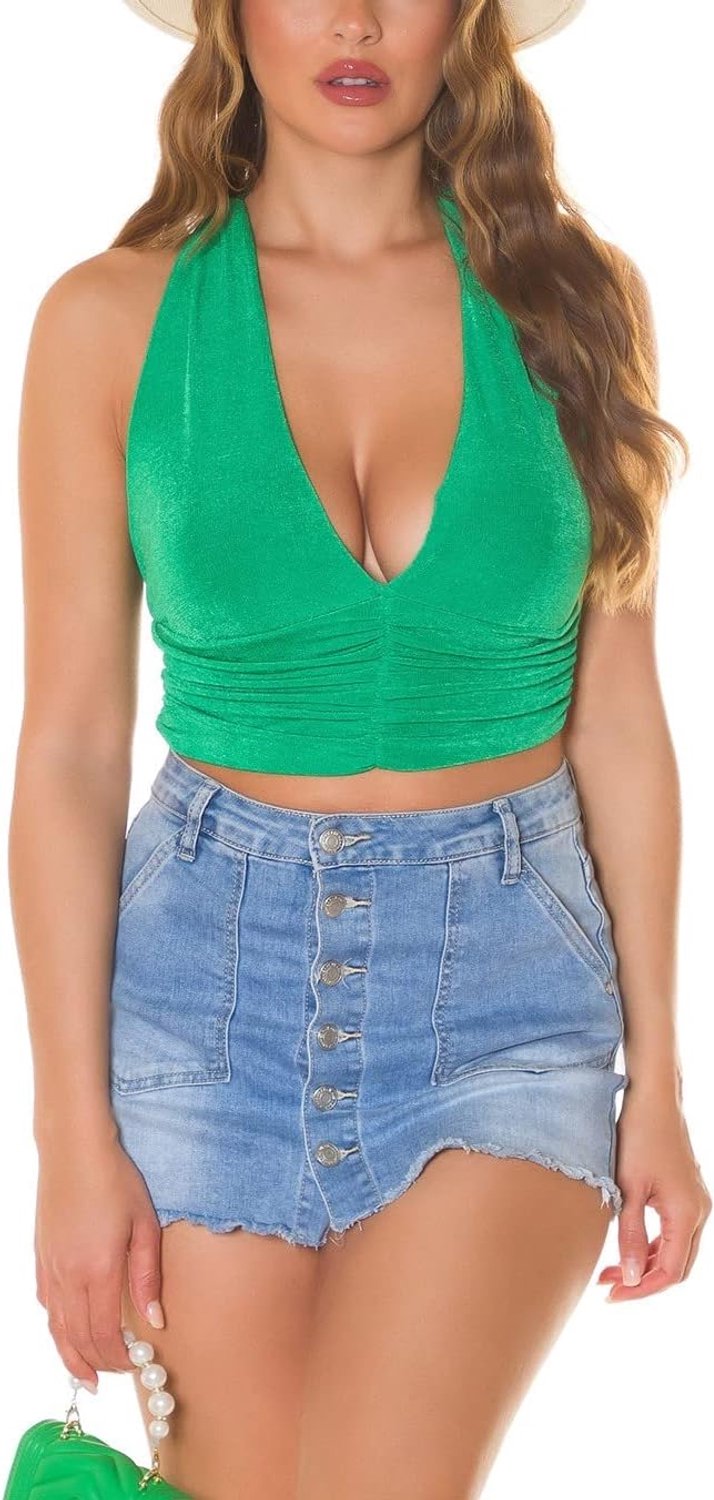 V-hals croptop met plooien, groen, Eén maat