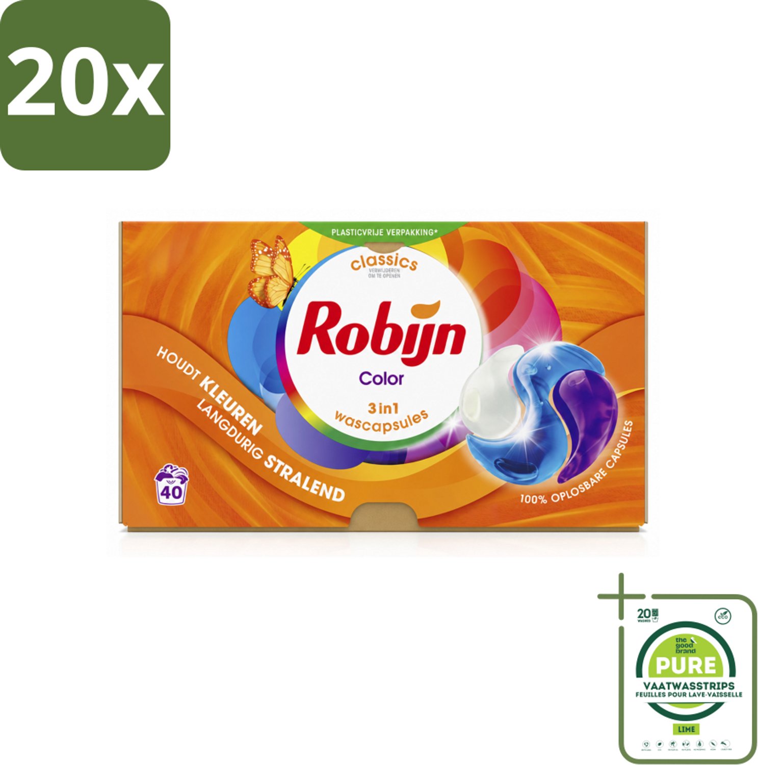 20 x Robijn - 3-in-1 Color - Wascapsules - 40 Wasbeurten - Grootverpakking - Vaatwasstrips - Wascapsules - Kleur - Wasverzachter - Wasmachine - Waskracht