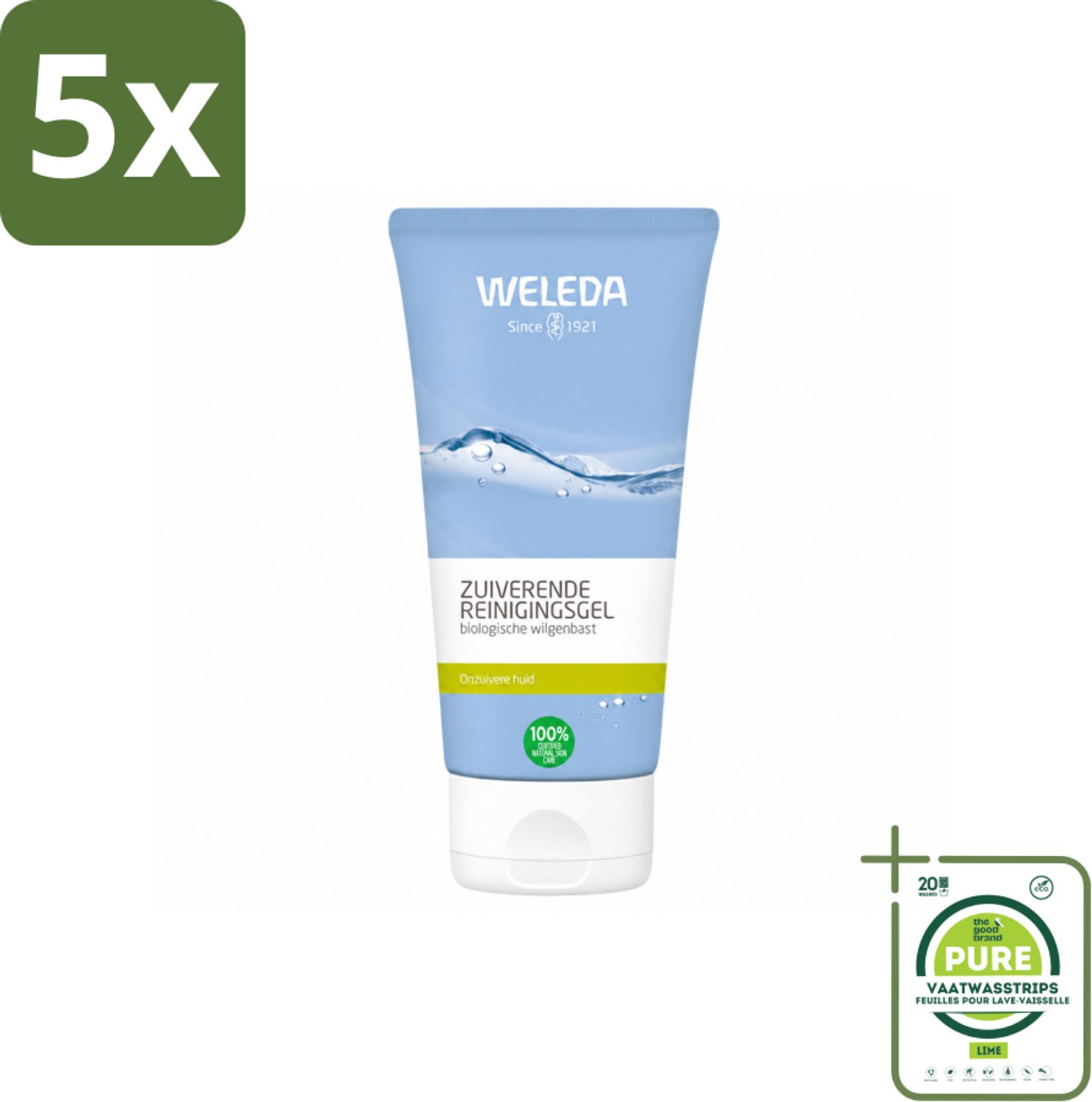 5 x WELEDA - Reinigingsgel Zuiverend - Voor onzuivere huid - 100 ml - Grootverpakking - Vaatwasstrips - Zuiverende Reiniging - Onzuivere Huid - Puistjes - Mee-eters - Natuurlijke Reiniging