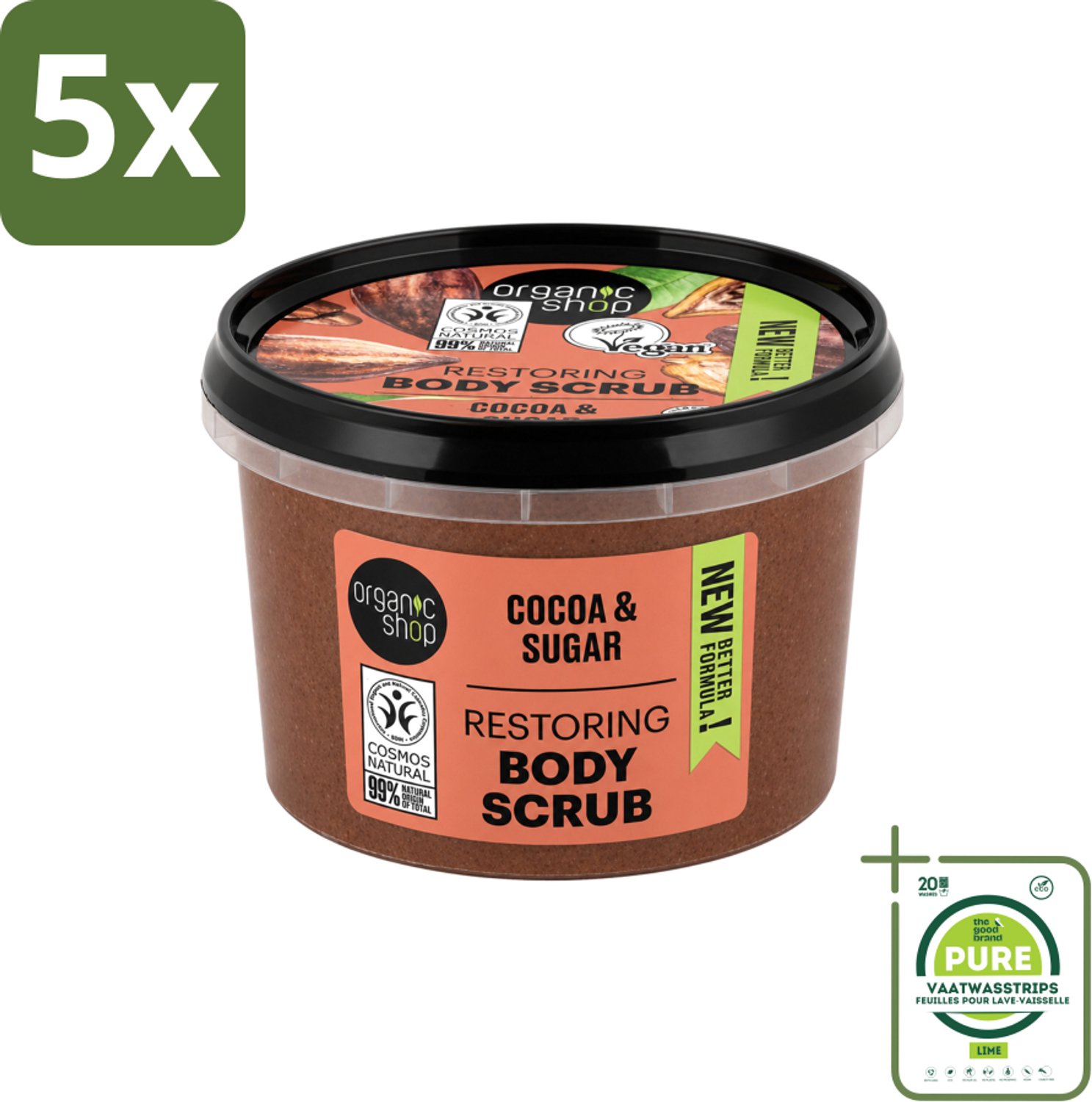 5 x Organic Shop - Body Scrub Cocoa - Rijke Hydratatie - 250 ml - Grootverpakking - Vaatwasstrips - Bodyscrub - Exfoliatie - Huidverzorging - Cacaoboter - Suiker