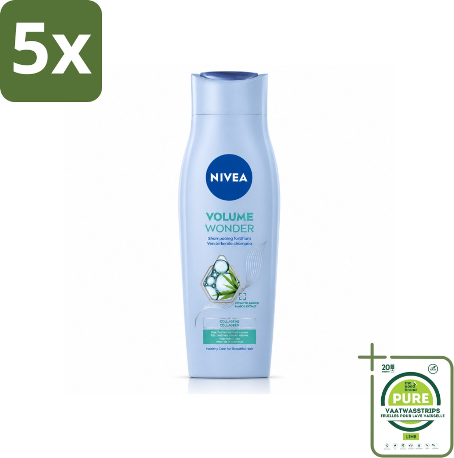 5 x NIVEA - Shampoo - Volumeverzorging - Versterkend - Gezonde Zorg - 250 ml - Grootverpakking - Vaatwasstrips - Haarvolume - Haarkracht - Haarkleur - Haartype - Haartoon