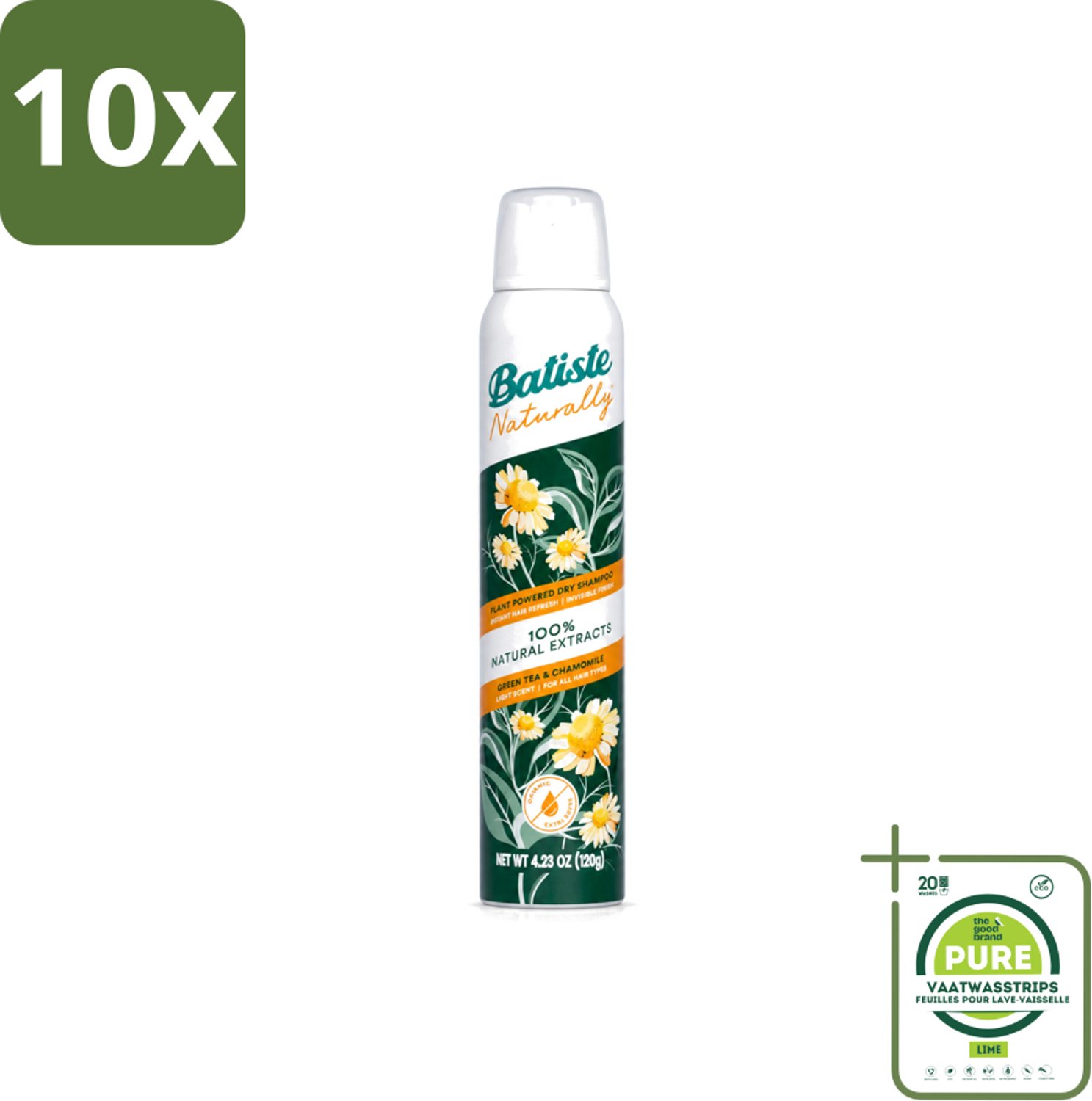 10 x Batiste - Naturally Green Tea & Chamomile - Droogshampoo - 100% Natuurlijke Extracten - Verfrist en Zuivert - 200ml - Grootverpakking - Vaatwasstrips - Natuurlijke Haarverzorging - Droogshampoo - Groene Thee - Kamille - Haartype