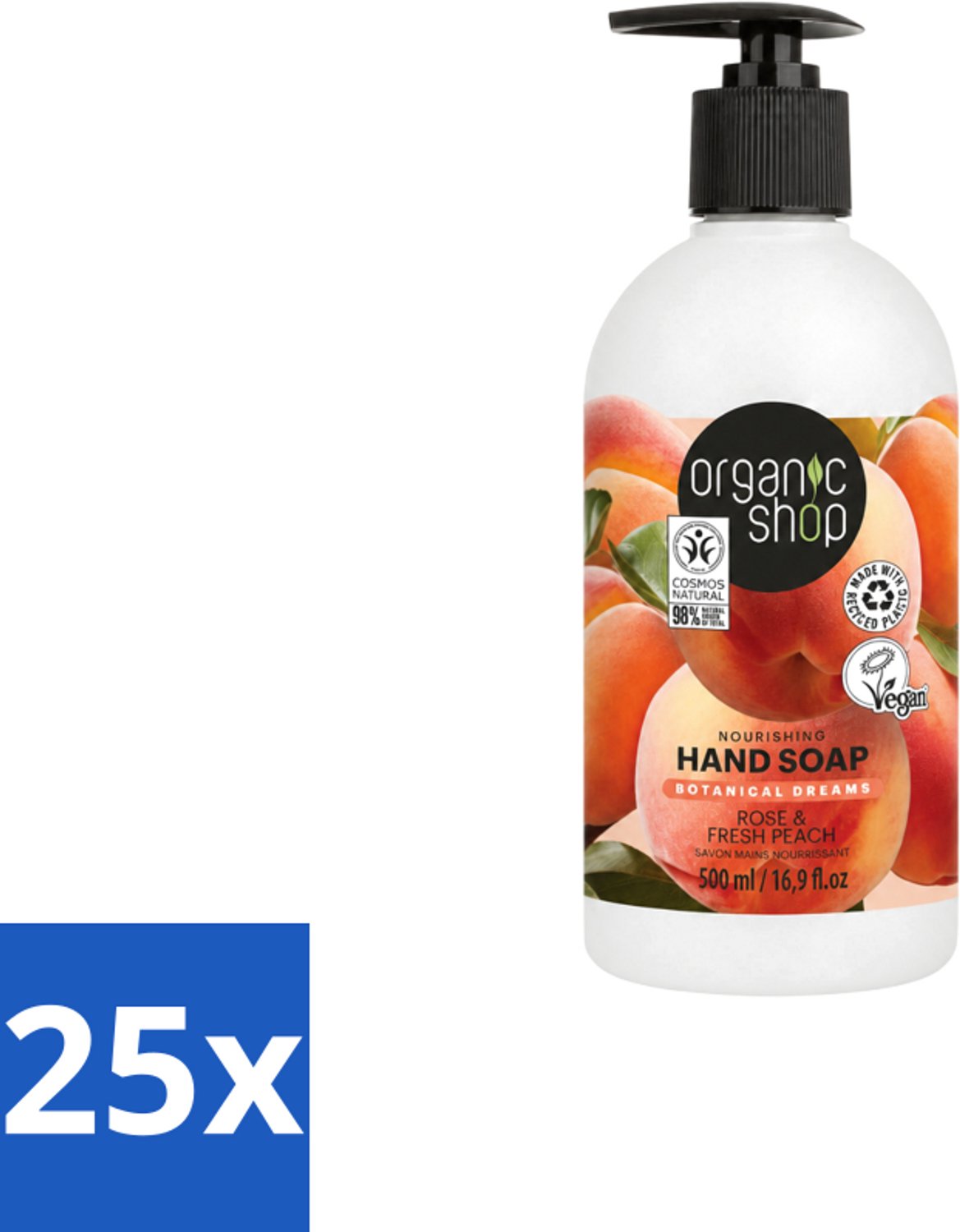 25 x Organic Shop - Handzeep Rose & Peach - Verzorgend en Hydraterend - 500 ml - Voordeelverpakking - 25 stuks