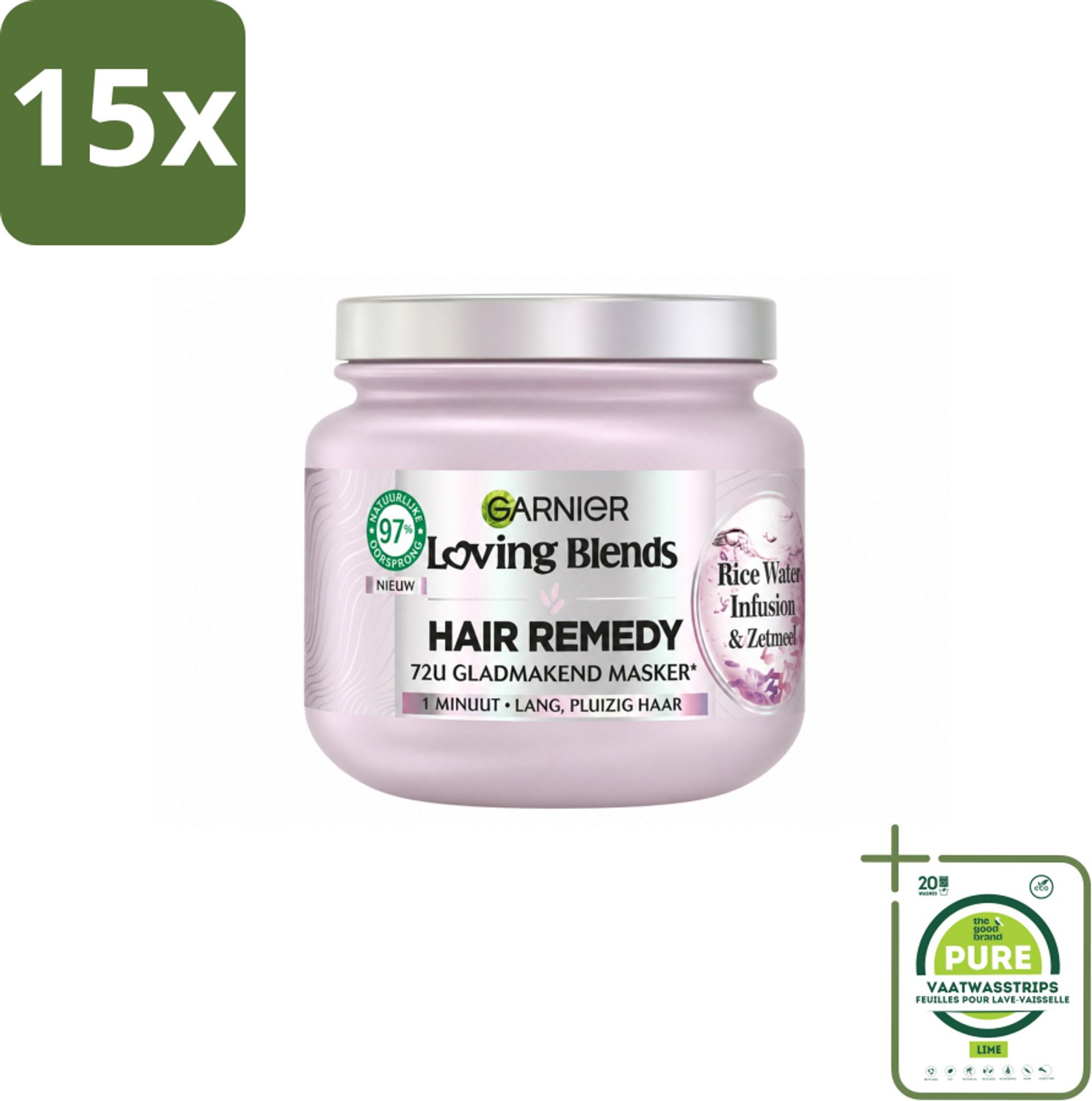 15 x Garnier - Loving Blends - Haarmasker - Rice Water Infusion - Glans & Zachtheid - Lang Haar - 340 ml - Grootverpakking - Vaatwasstrips - Haarmasker - Rice Water - Glans Haar - Zachtheid Haar - Lang Haar