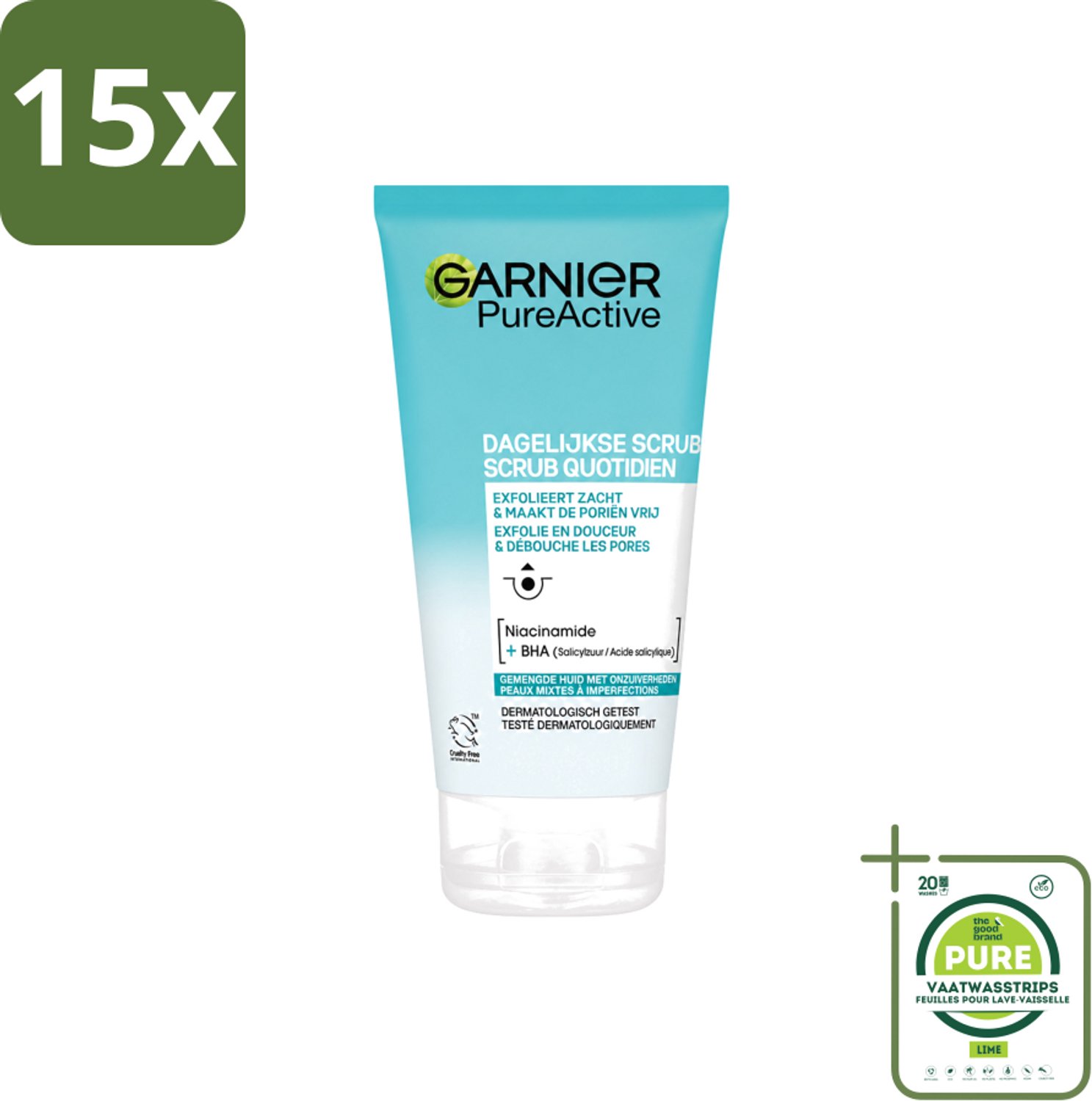 15 x Garnier - Pure Active - Dagelijkse Scrub - Niacinamide & BHA - Exfolieert & Reinigt Poriën - 150 ml - Grootverpakking - Vaatwasstrips - Exfoliatie - Reinigen - Poriën Reinigen - Mee-eters Verwijderen - Huid Reinigen