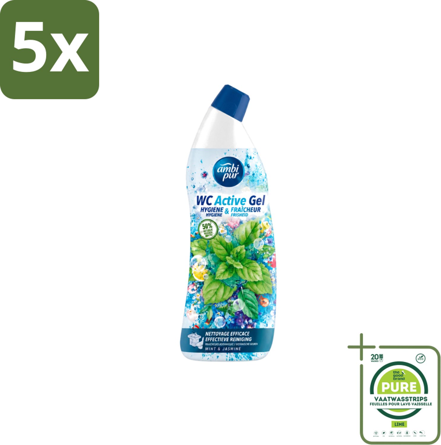 5 x Ambi Pur - Toiletreiniger - WC Active Gel - Mint & Jasmijn - 750 ml - Grootverpakking - Vaatwasstrips - Toiletreiniger - Wc Reinigen - Anti-kalk - Wc Gel - Munt En Jasmijn