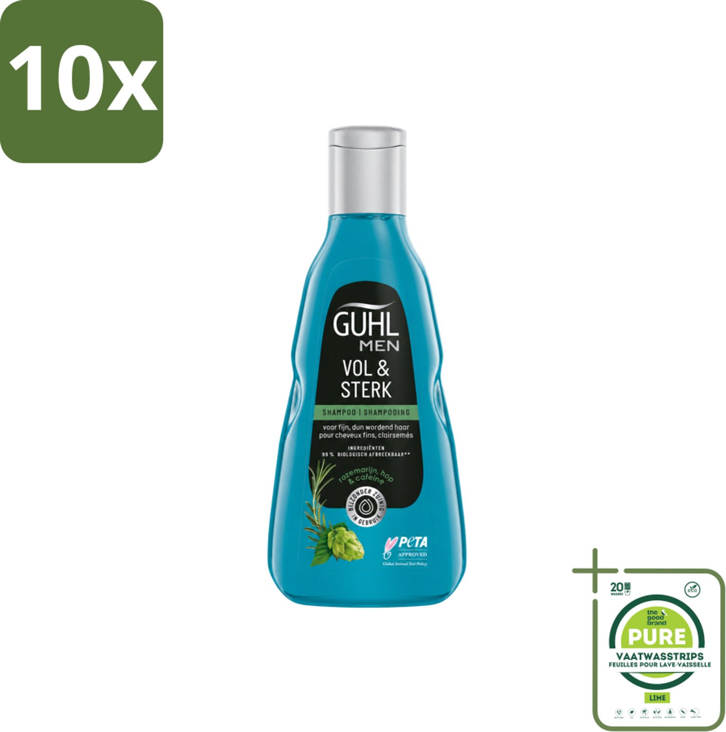10 x Guhl - Shampoo - Men Vol & Sterk - 250 ml - Grootverpakking - Vaatwasstrips - Mannenhaar - Volume - Kracht - Vitaliteit - Cafeïne