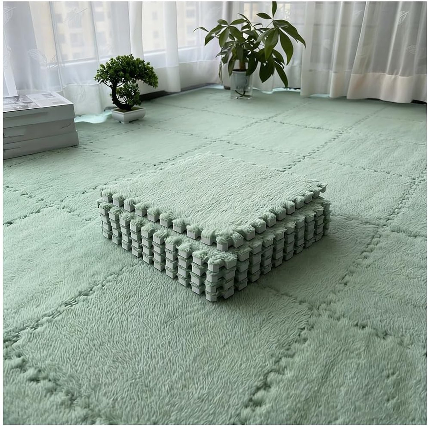 12 stuks verdikte pluche in elkaar grijpende vloermatten - pluizige antislip vierkante tegels met randen, zachte puzzelmatten voor kinderspeelkamer, woonkamer en slaapkamer (groen)