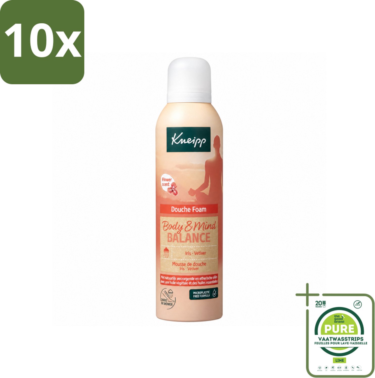 10 x Kneipp - Douche schuim - Body & Mind Balance - Iris & Vetiver - 200 ml - Grootverpakking - Vaatwasstrips - Douche Foam - Rust - Ontspanning - Balans - Huidverzorging