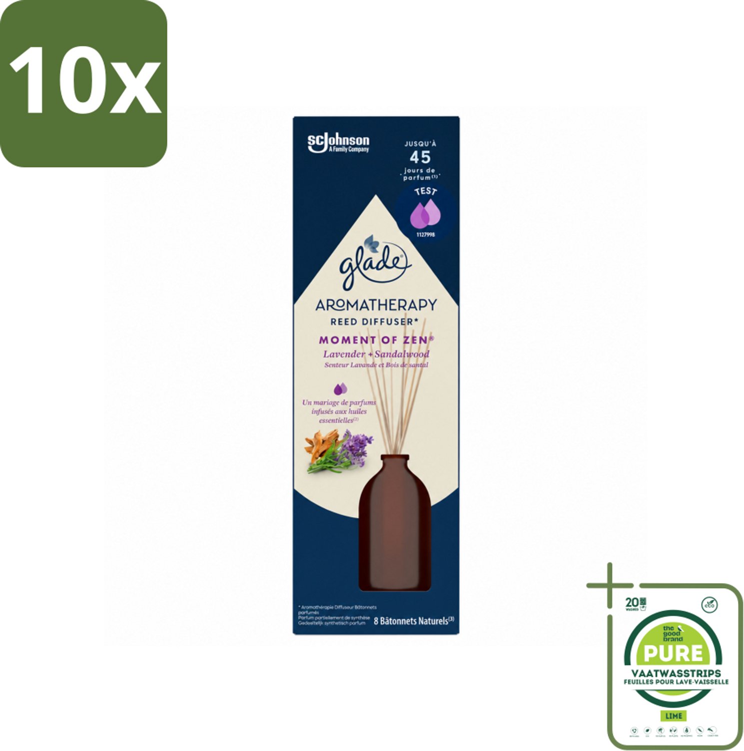 10 x Glade - Geurstokjes Moment van Zen - Aromatherapie Geurverspreiding - 80 ml - Grootverpakking - Vaatwasstrips - Geurstokjes - Aromatherapie - Rust - Ontspanning - Lavendel