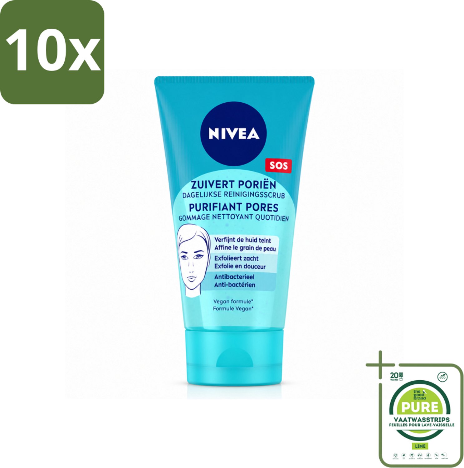 10 x NIVEA - Reinigingsscrub - Essentials Dagelijkse Scrub - Voor onzuivere huid - Met Melkzuur & Magnolia-extract - 150 ml - Grootverpakking - Vaatwasstrips - Gezichtsreiniging - Huidscrub - Melkzuur - Magnolia-extract - Onzuivere Huid