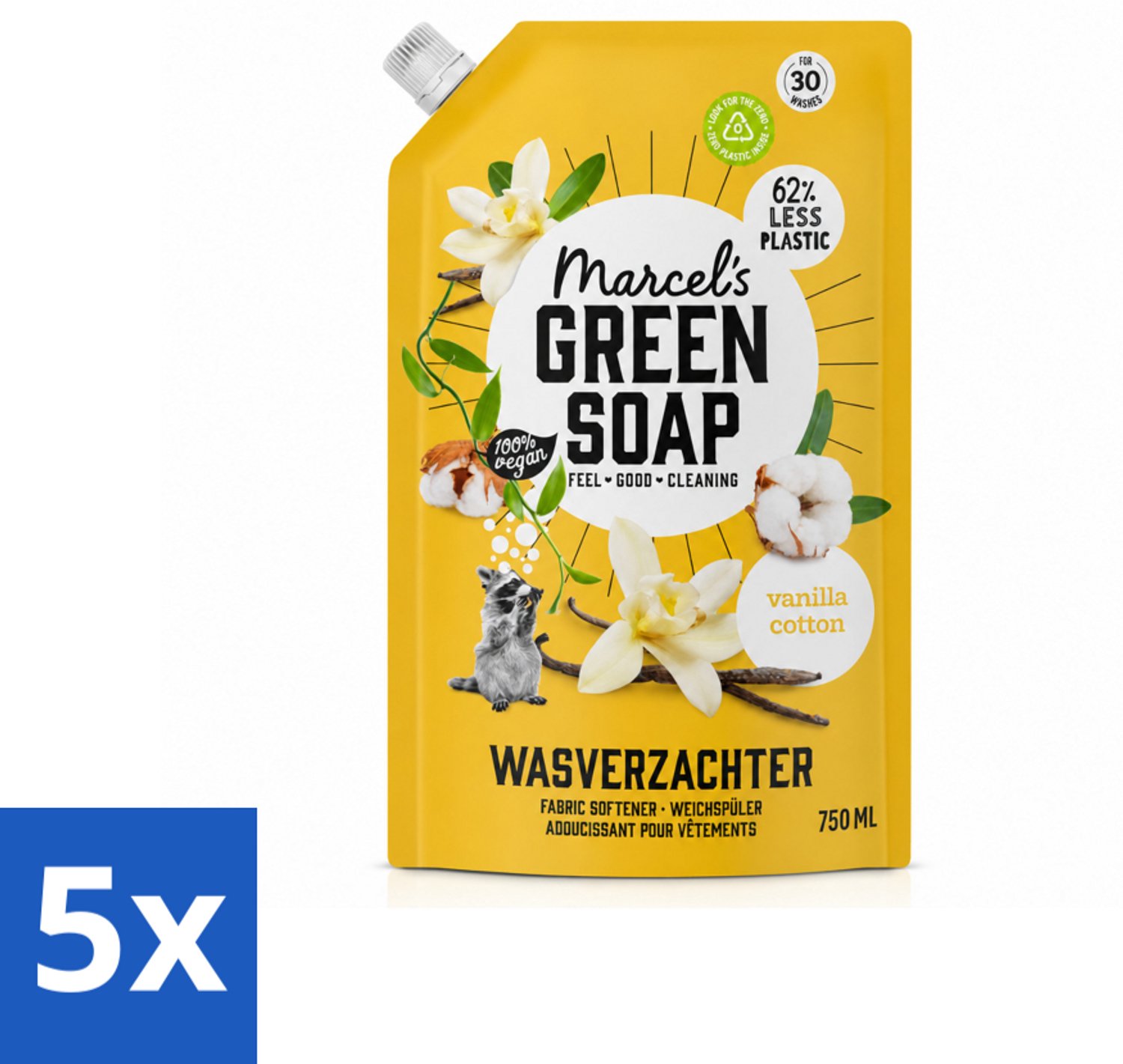5 x Marcel's Green Soap - Wasverzachter - Navulling - Katoen & Vanille - Zachte frisheid- 30 Wasbeurten - 750 ml - Voordeelverpakking - 5 stuks