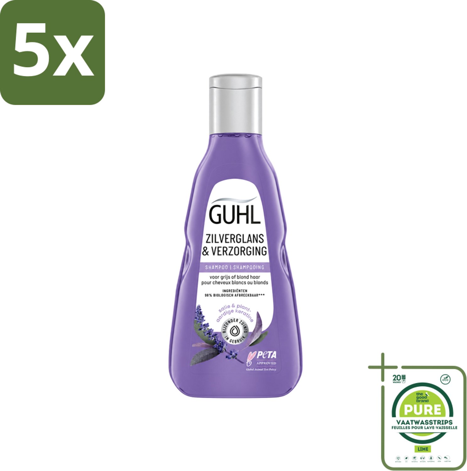 5 x Guhl - Shampoo - Zilverglans & Verzorging - 250 ml - Grootverpakking - Vaatwasstrips - Zilverglans Shampoo - Anti-geel Effect - Grijs Haar Verzorging - Blond Haar Verzorging - Haarkleur Verlichten
