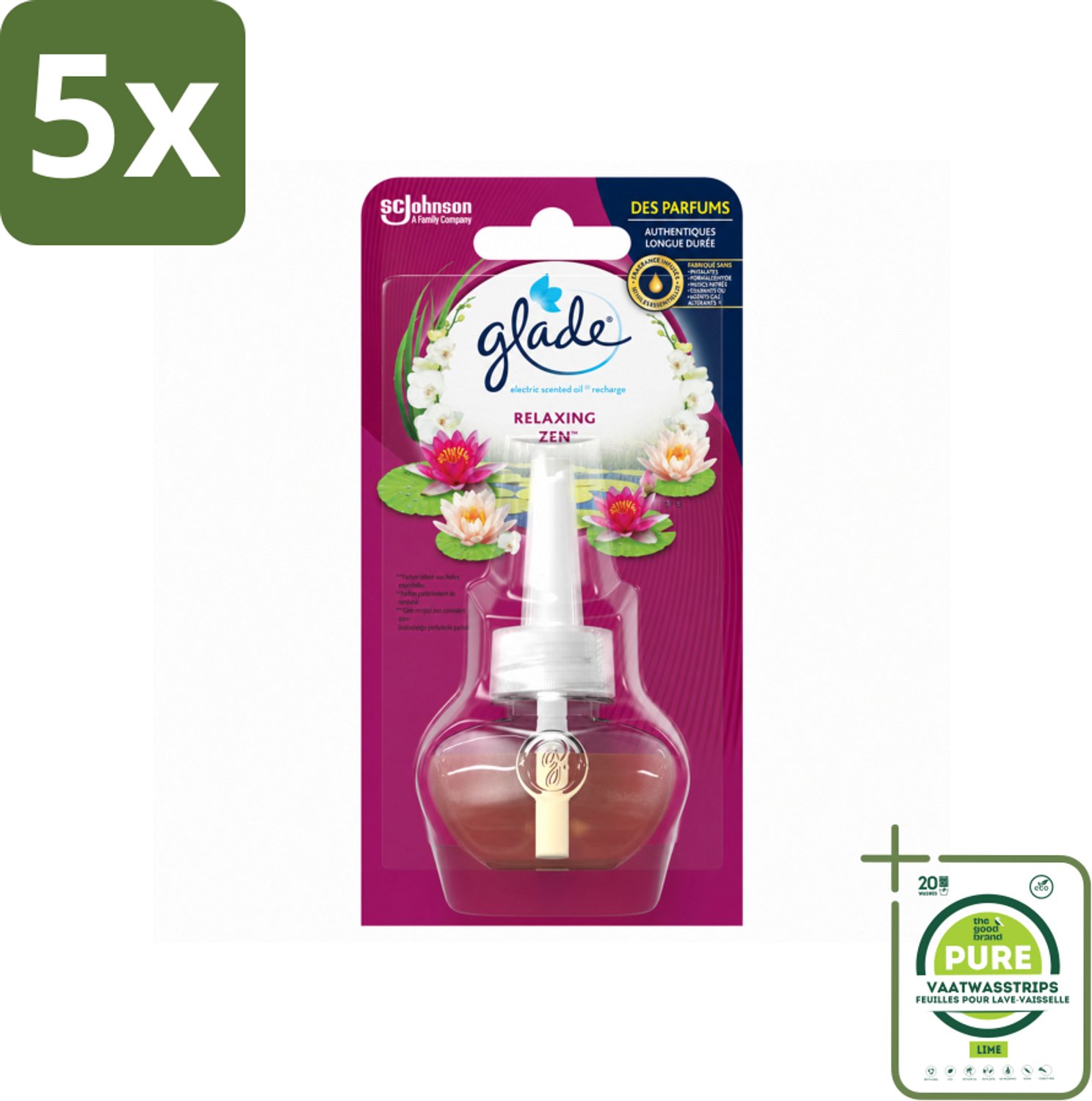 5 x Glade - Navulling Elektrische Olie - Relaxing Zen - Zonder Houder - Grootverpakking - Vaatwasstrips - Ontspanning - Geur - Rust - Kalmerende Geur - Geurverspreider