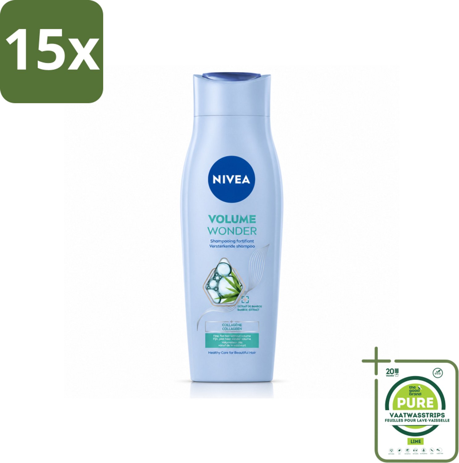 15 x NIVEA - Shampoo - Volumeverzorging - Versterkend - Gezonde Zorg - 250 ml - Grootverpakking - Vaatwasstrips - Haarvolume - Haarkracht - Haarkleur - Haartype - Haartoon