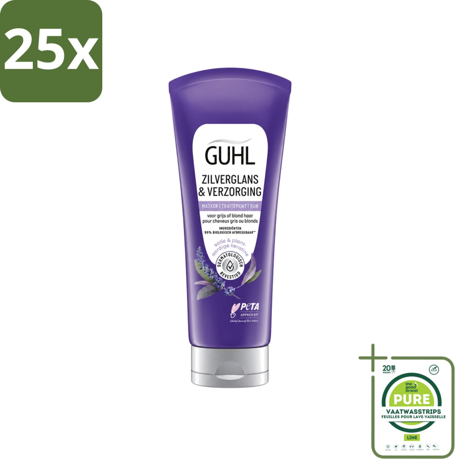 25 x Guhl - Haarmasker - Zilverglans & Verzorging Anti-Geel - 200 ml - Grootverpakking - Vaatwasstrips - Anti-geel Haarmasker - Geel Gloed Neutraliseren - Stralend Blond Haar - Grijs Haar Verzorgen - Haarkleur Opfrissen