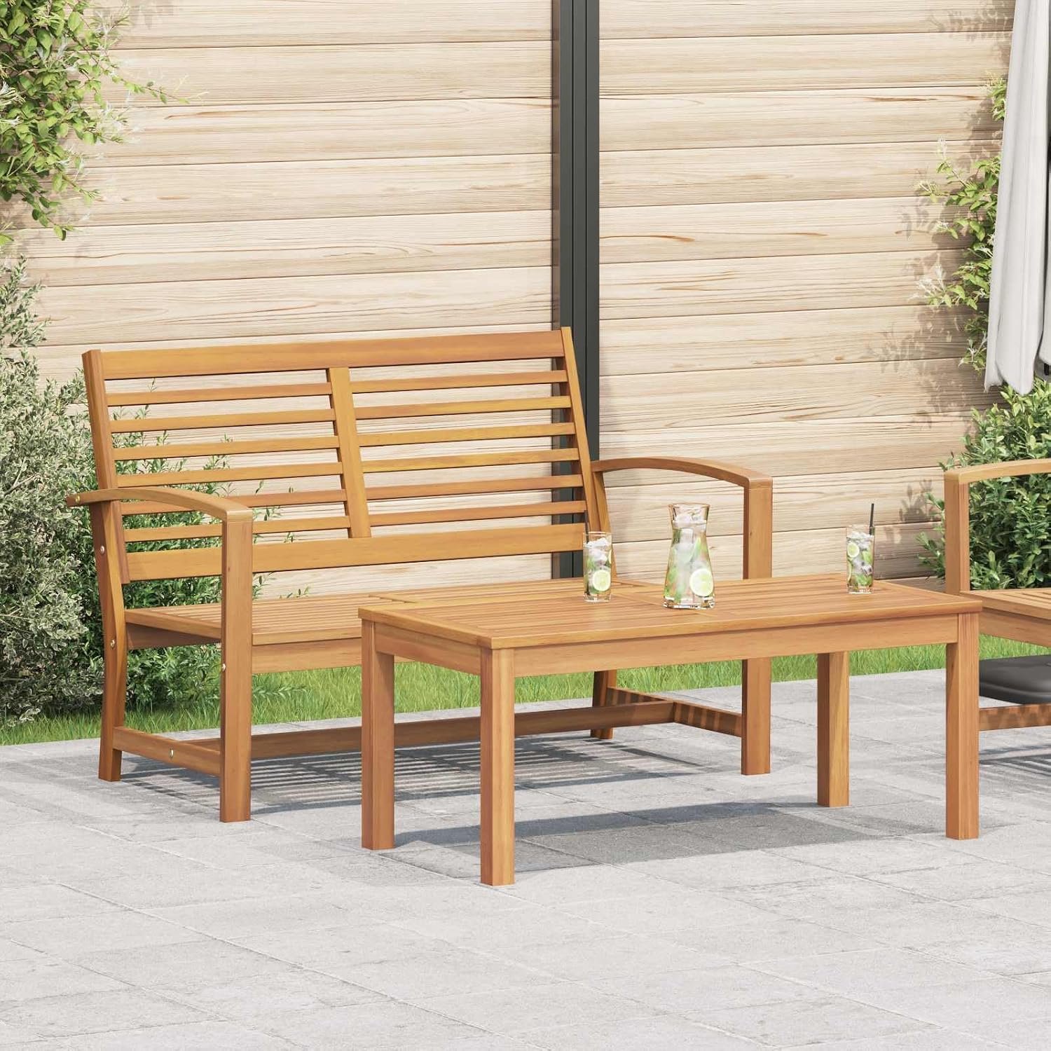 2 stuks bruin massief hout teak tuinbank set rechthoekig rustieke vierkante poten weerbestendig buiten terras tuinmeubelen duurzaam stijlvolle zitgelegenheid