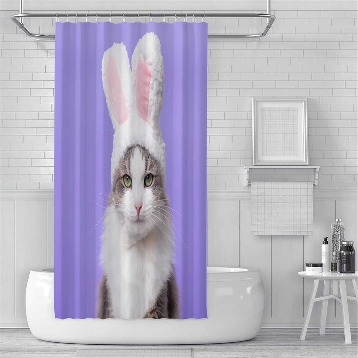Douchegordijnen schimmelbestendig waterdicht wasbaar badkamergordijnen, gewogen badgordijnen met haken, 3D tuin buiten douchegordijn wit kat blauw