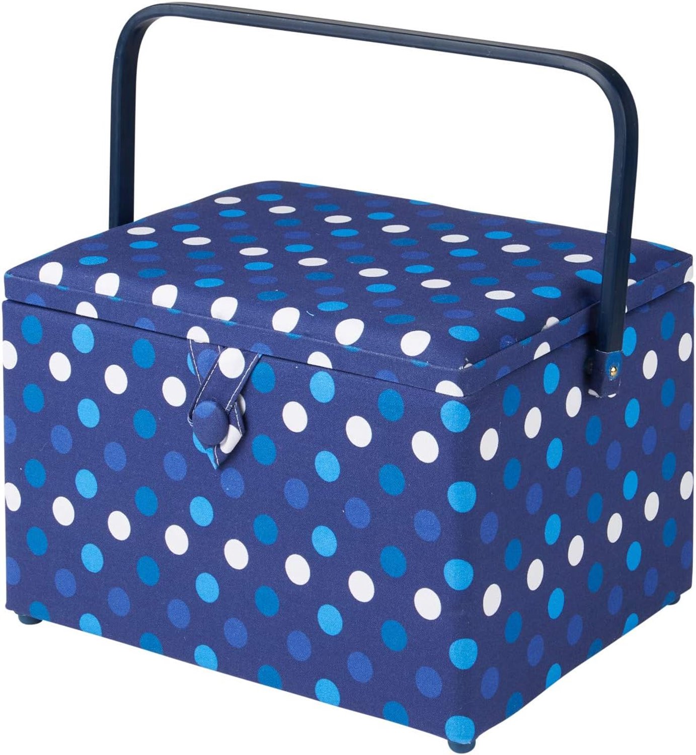 Sewing Box, Navy Spot Fabric | 31 x 23 x 20cm | Opberg- en organisatiemandje met vakjes voor naaibenodigdheden, accessoires, garen, naalden en scharen - GA1123L