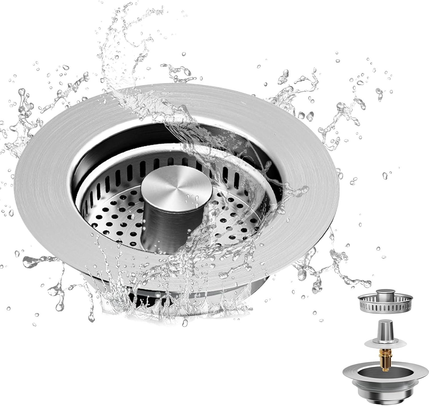 Zeef voor gootsteen en deksel, combo spoelbakfilter, keukenspoelbak, filter, 3-in-1 stop voor wastafel, badkamer, met filter, diepte van de gootsteen, > 37 mm