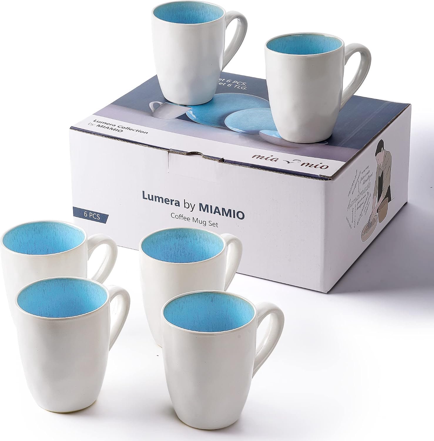 Set van 6 Mokken 350ml Steengoed Keramiek Handgemaakt Blauw