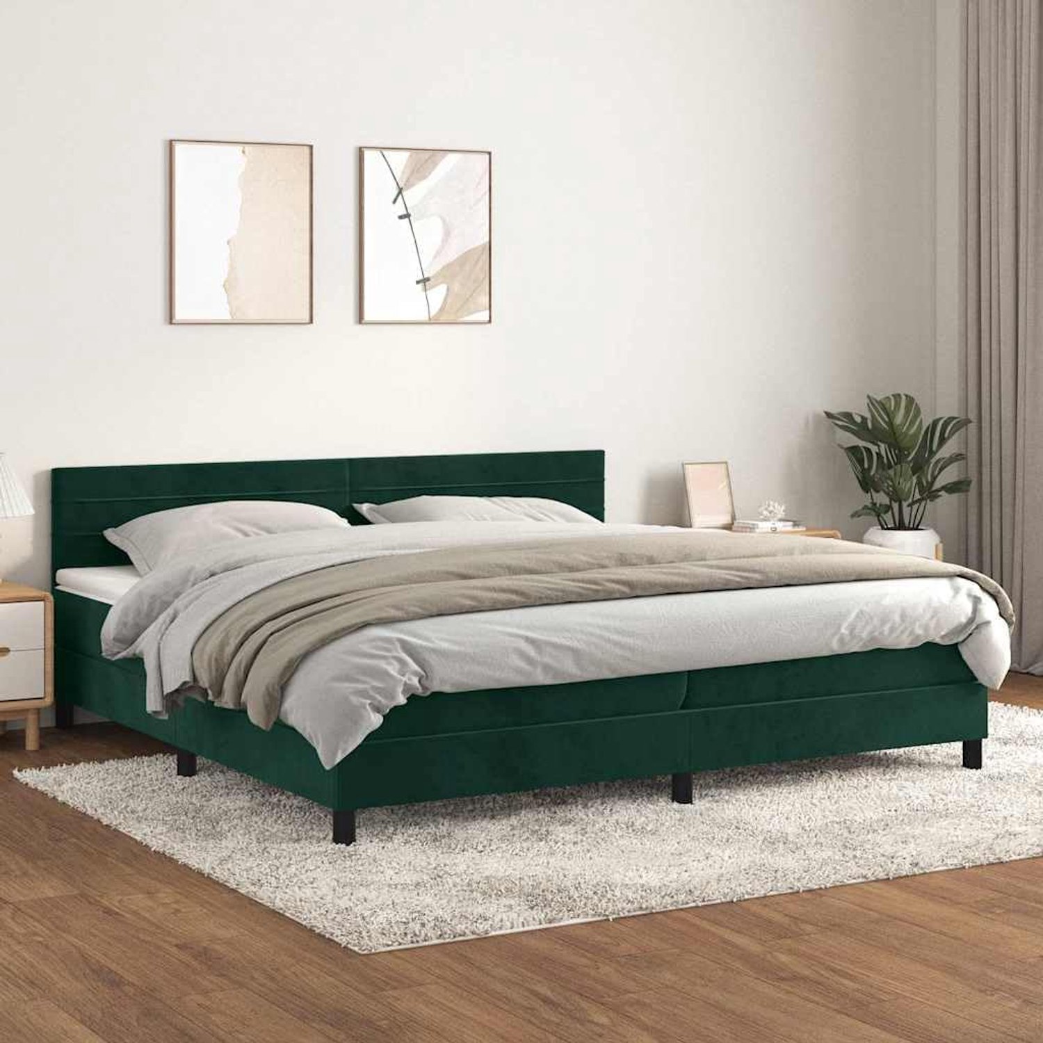 Boxspringbed met matras, donkergroen, 200 x 200 cm, fluweel, hoofdeinde, in hoogte verstelbaar, pocketveringmatras, middelharde ondersteuning, huidvriendelijke pad