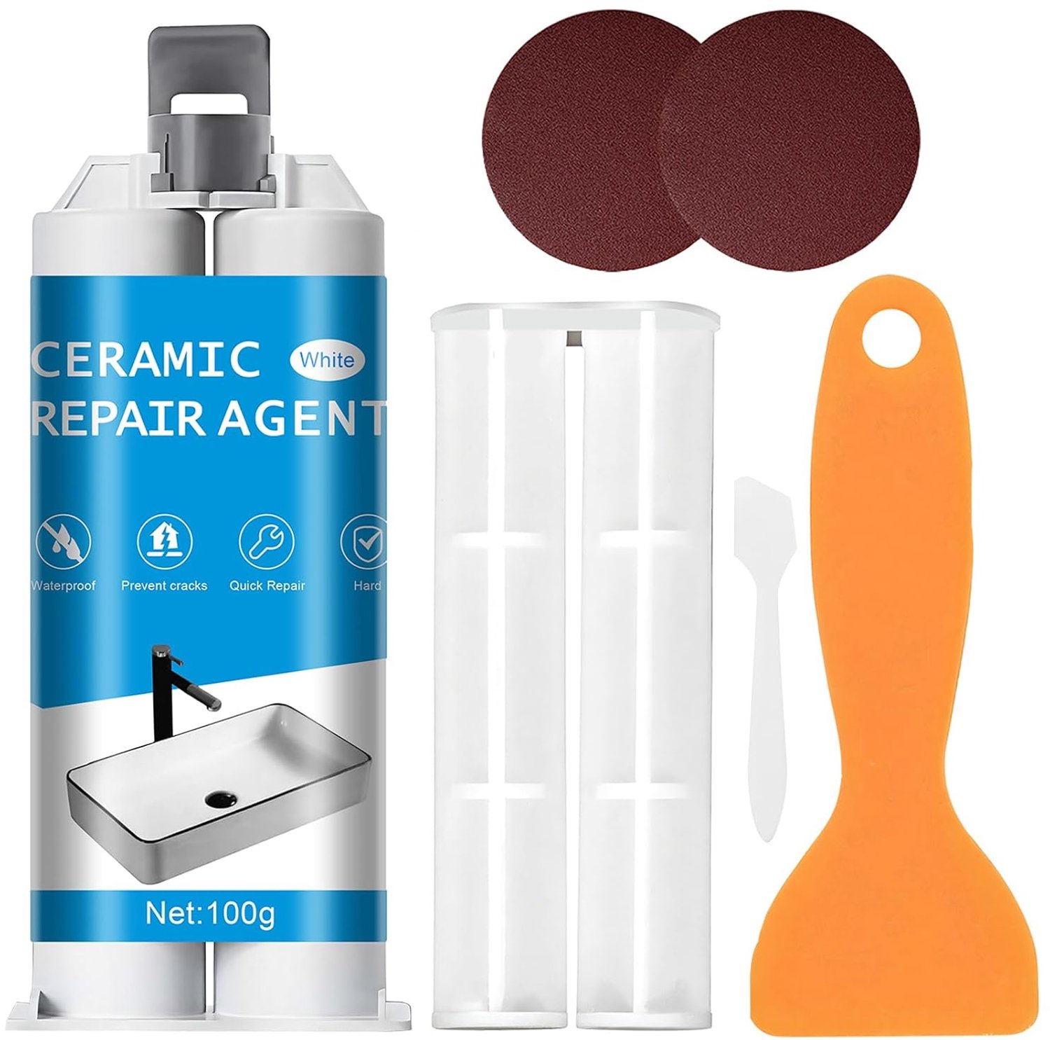 Wit 100 g – universeel reparatieset voor keramiek, badkuipen, wasbakken – afdichting van krassen, gaten, scheuren in email, porselein en acryl