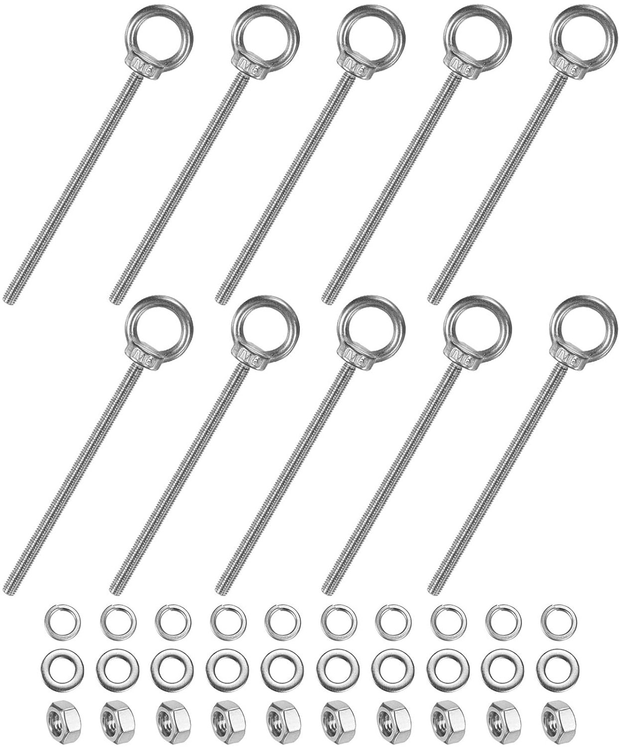 Set van 10 ogen van roestvrij staal M6 x 119 mm hefoog met schouders met moeren en schouders, lengte 11,9 cm voor ophanging/bevestiging