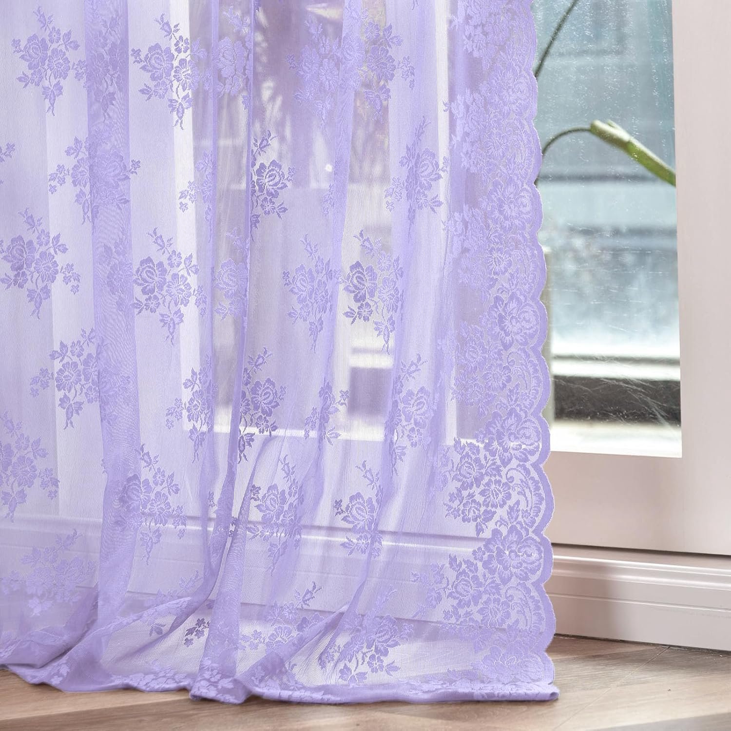 Doorschijnende gordijnen 213 cm lang 2 panelen rustieke cottagecore bloemen lavendel kanten gordijnen voor meisjes kinderkamer met roedezak privacy licht filterende doorschijnende