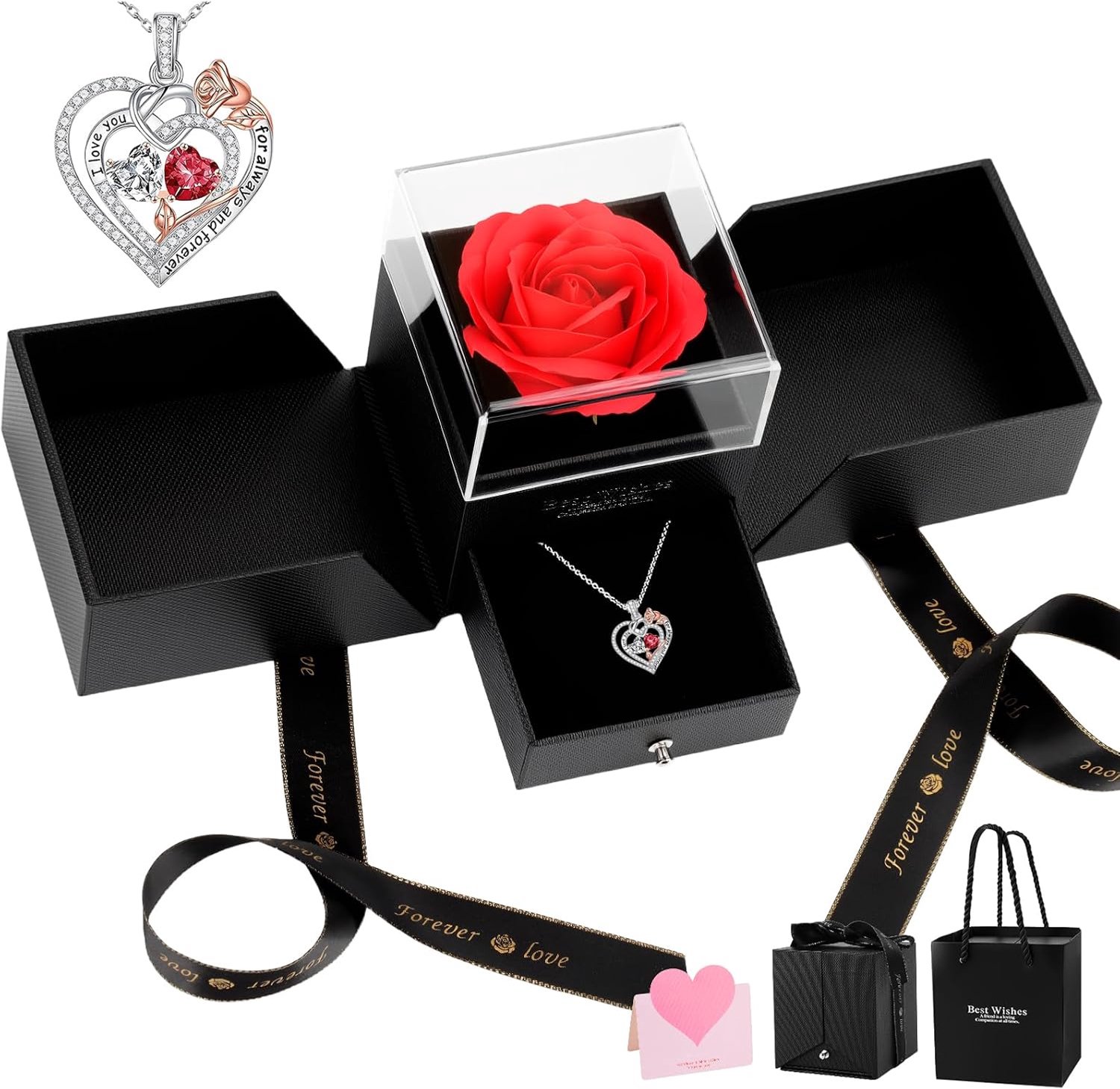 Roos geschenkdoos met hartketting, Infinity Rose voor Valentijnsdag, Moederdag, verloving, jubileum, verjaardag, cadeaus voor vriendin, echtgenote, mama, oma