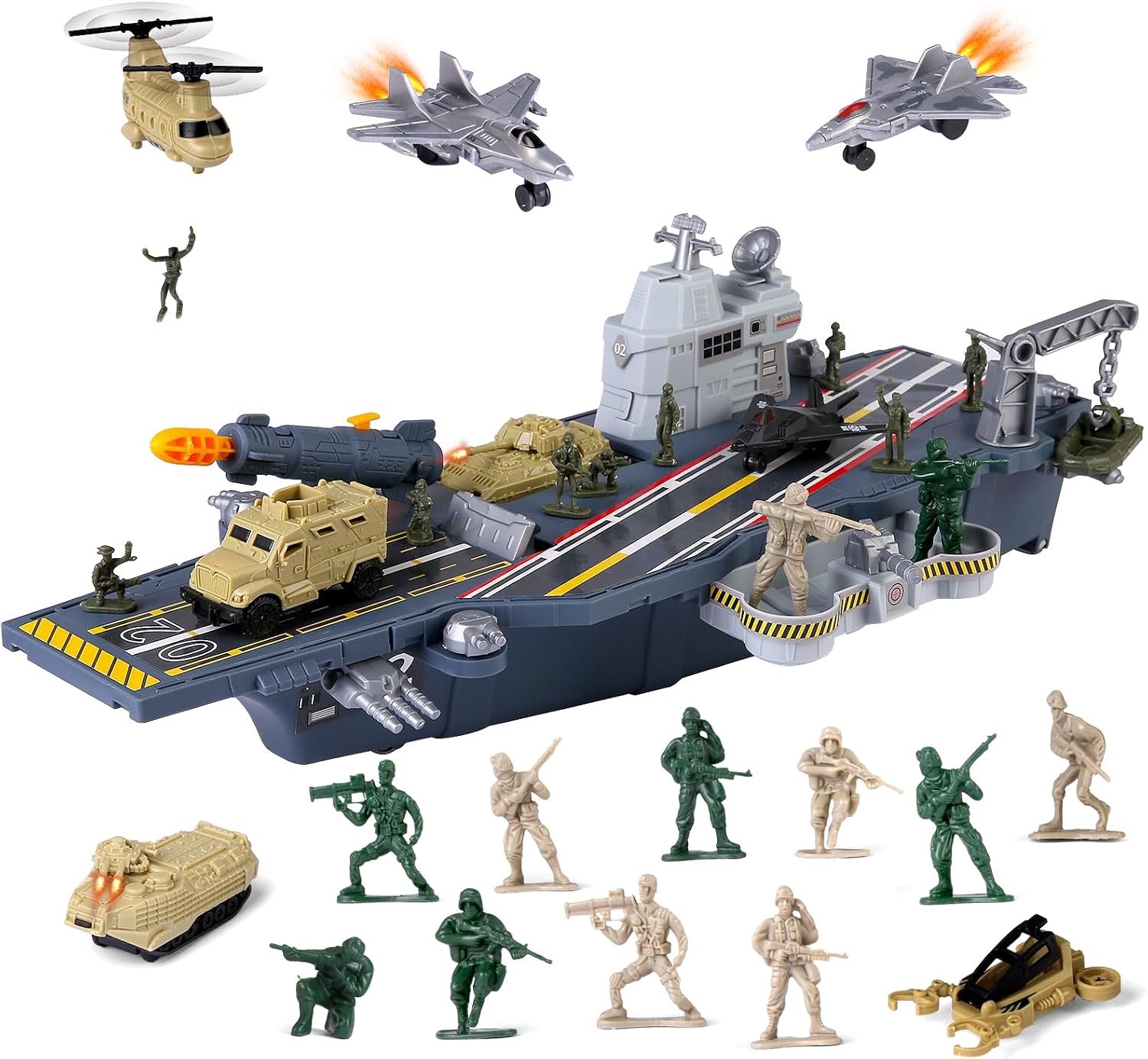 Vliegtuigdrager, speelset, leger, marineschip, speelgoed met helikopter, vechtvliegtuig, tank, militaire voertuigen en soldatenfiguren, militair speelgoed, speelgoed voor jongens en kinderen