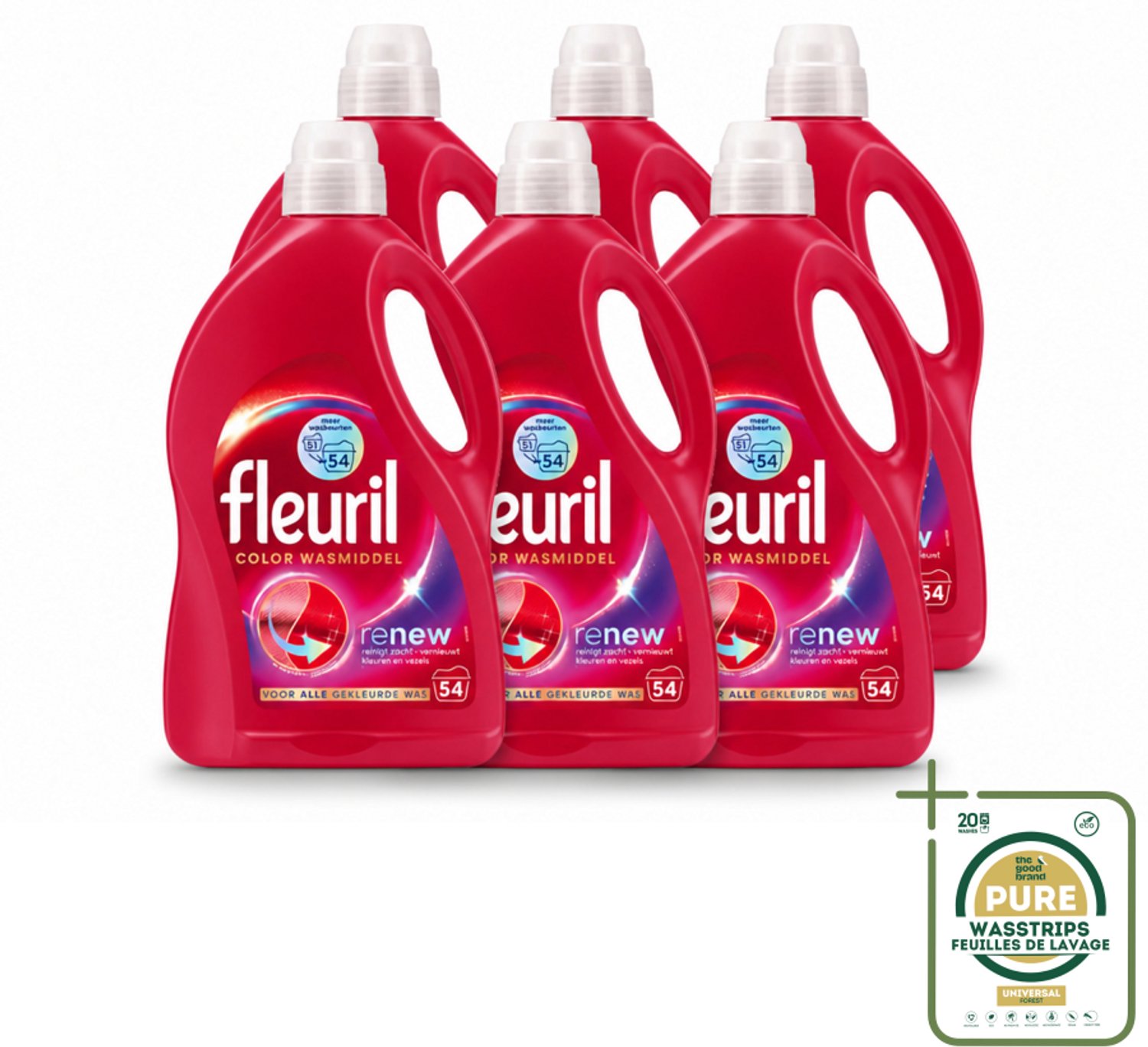 6 x Fleuril - Wasmiddel - Renew Color Vloeibaar Wasmiddel - Gekleurde Was - 54 wasbeurten - Wasstrips - Kleurbehoud - Wasmiddel Voor Gekleurde Was - Vloeibaar Wasmiddel - Frisse Geur - Vezelverzorging